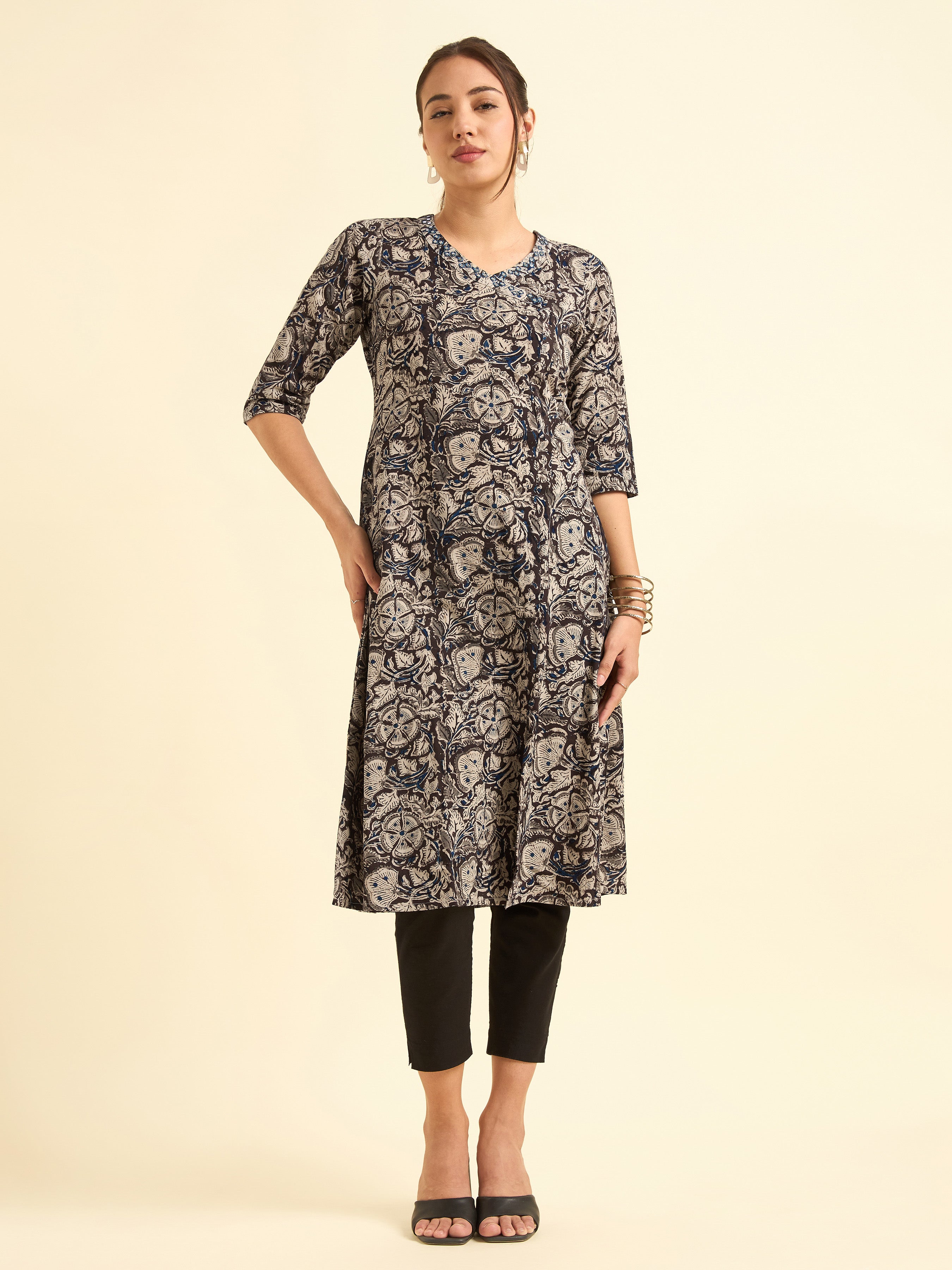 Multi Colour Angrakha Printed Flared Kurti With Mirror Work