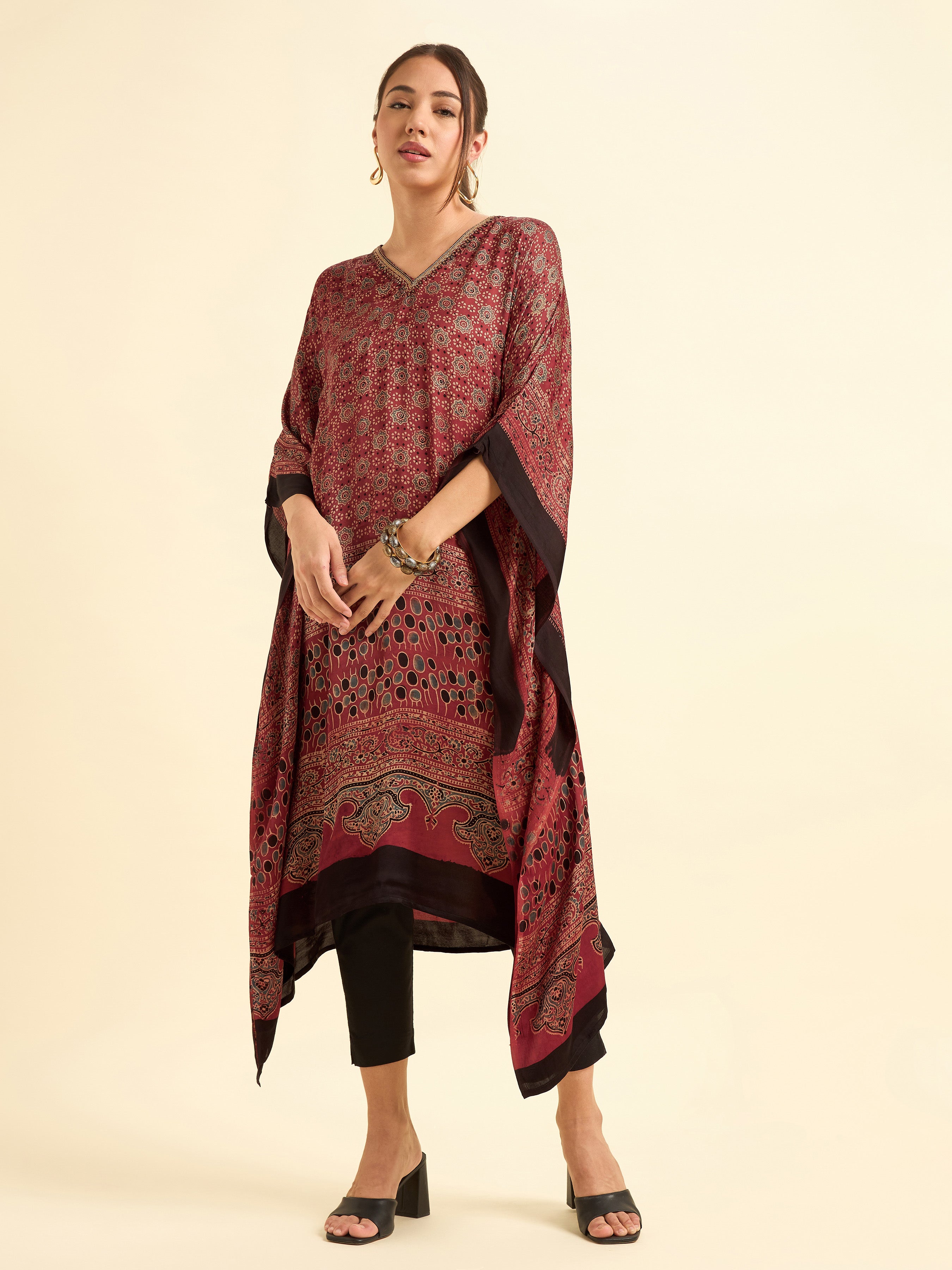 Maroon Multi Colour Modal Satin Kaftan  With Embroidery Sequins Work