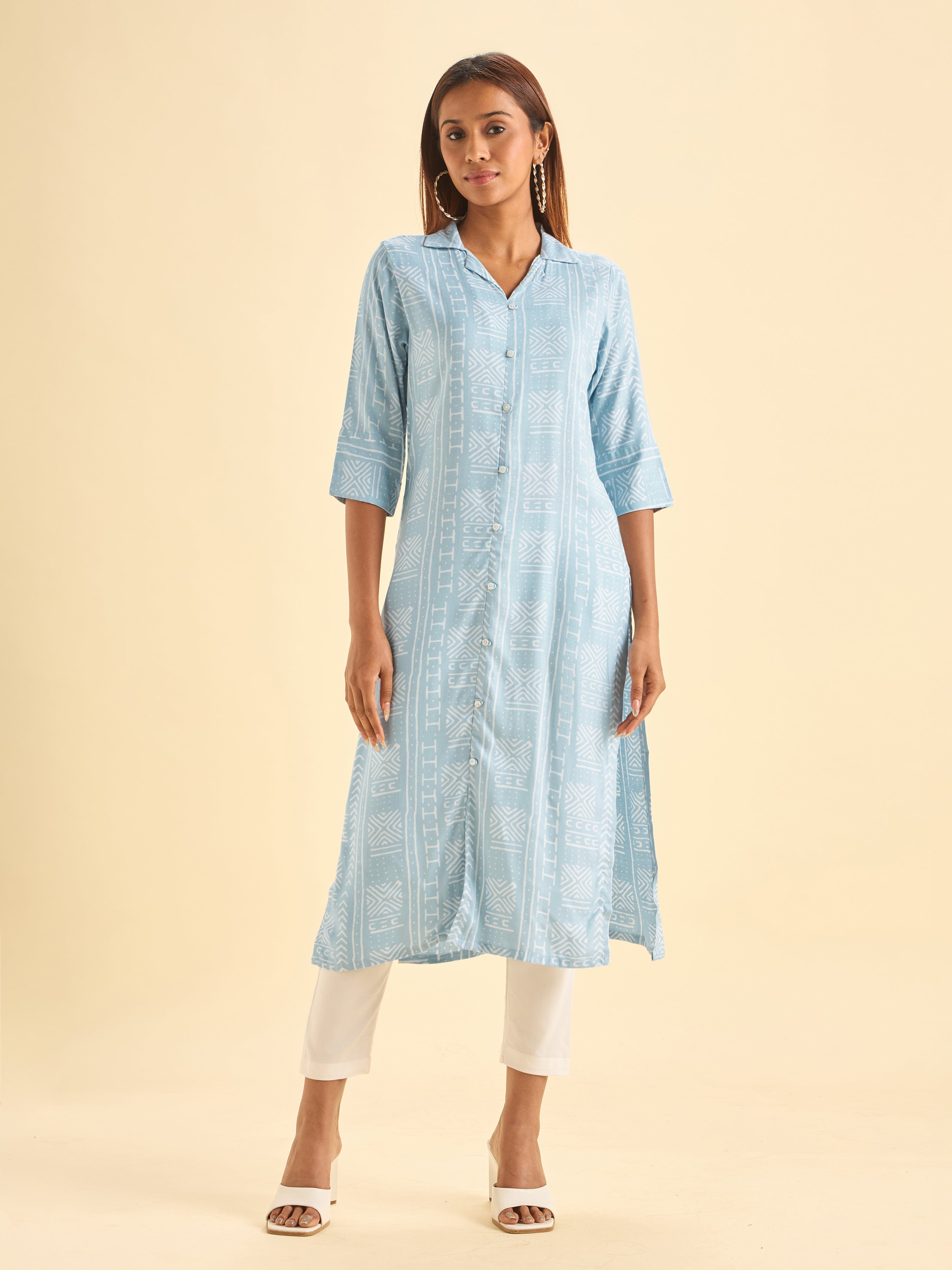 Denim Blue Ivory Tencel Printed Kurti