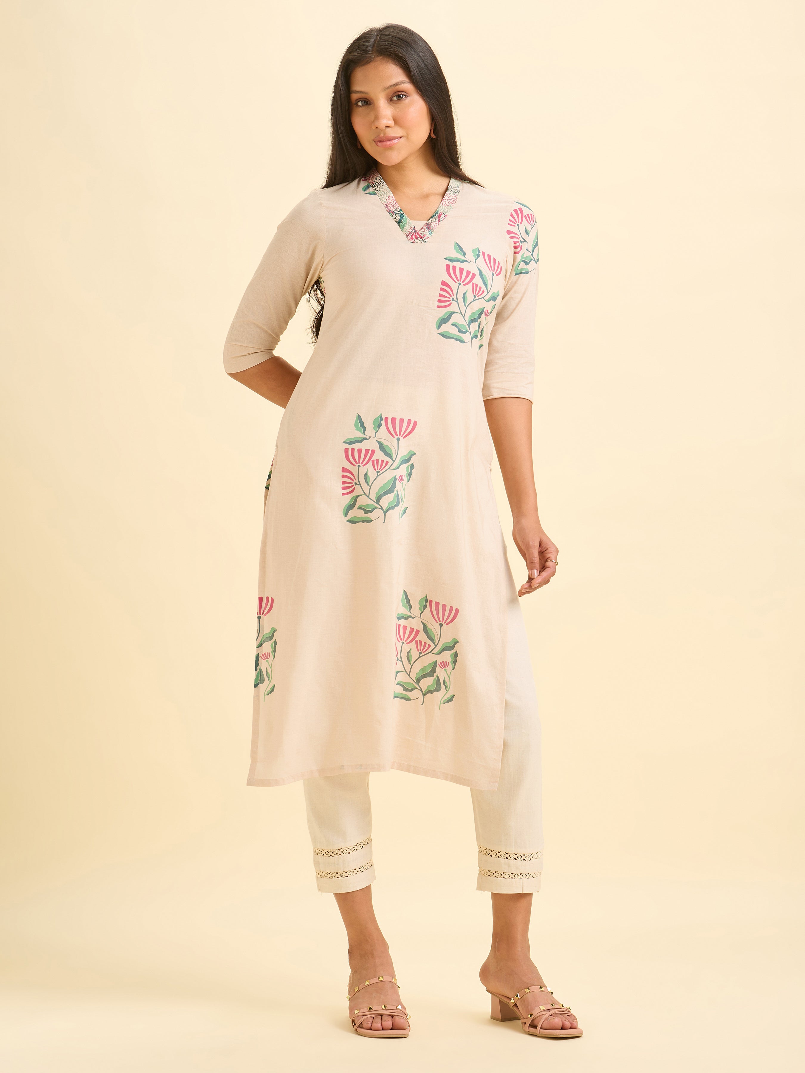 Pista Green Pure Cotton Placement Printed Kurti