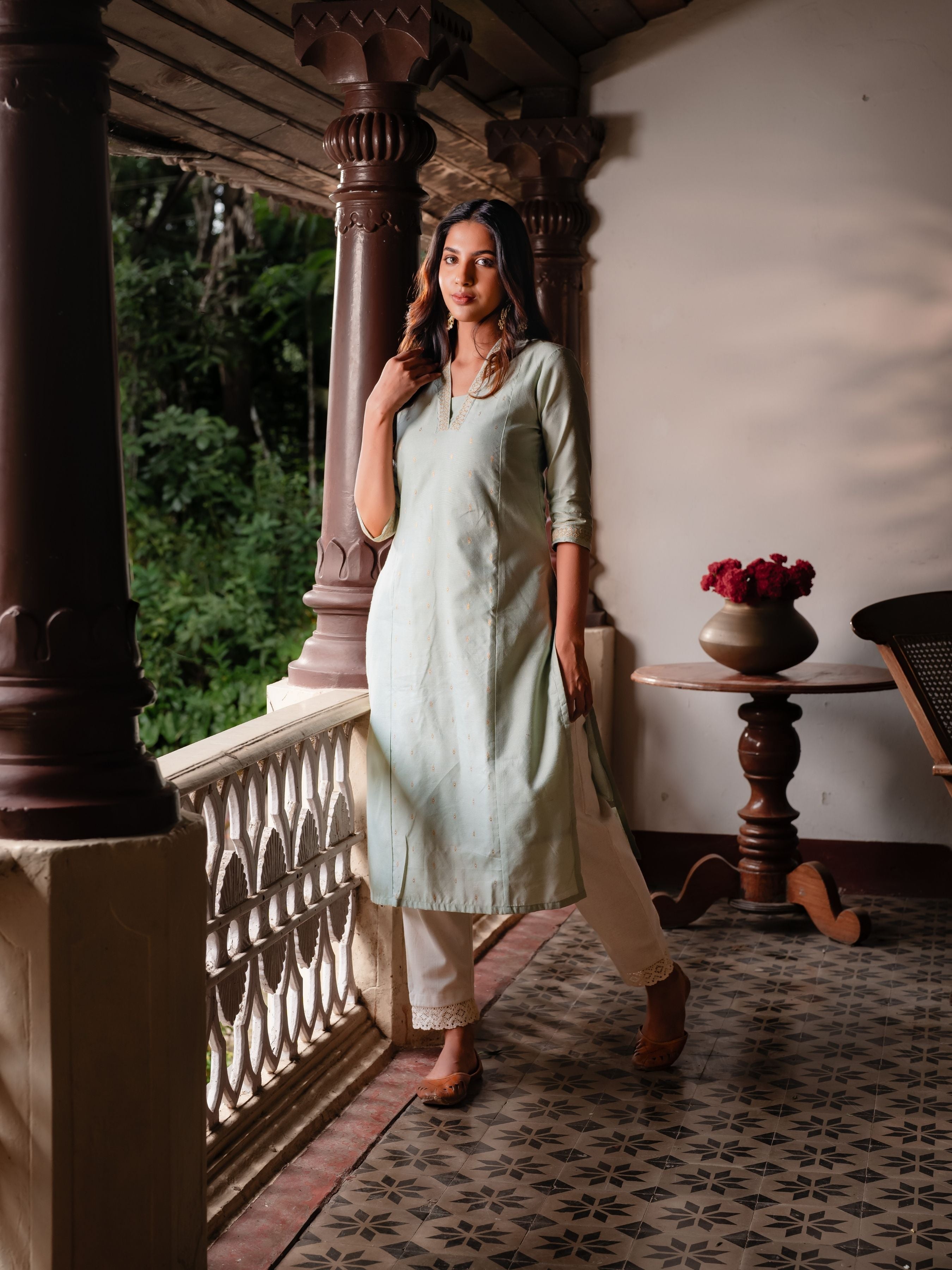 Pista Green Viscose Kurti With Embroidery