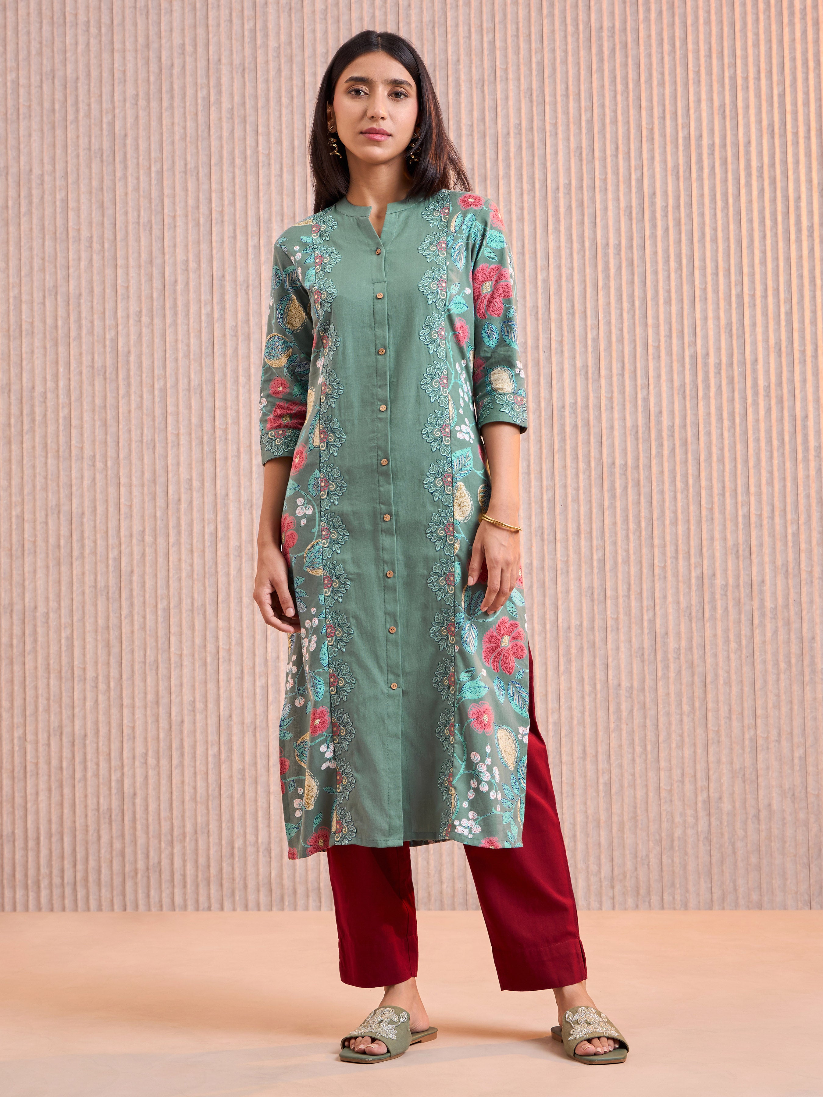 Sage Green Cotton Flax Printed Kurti With Embroidery