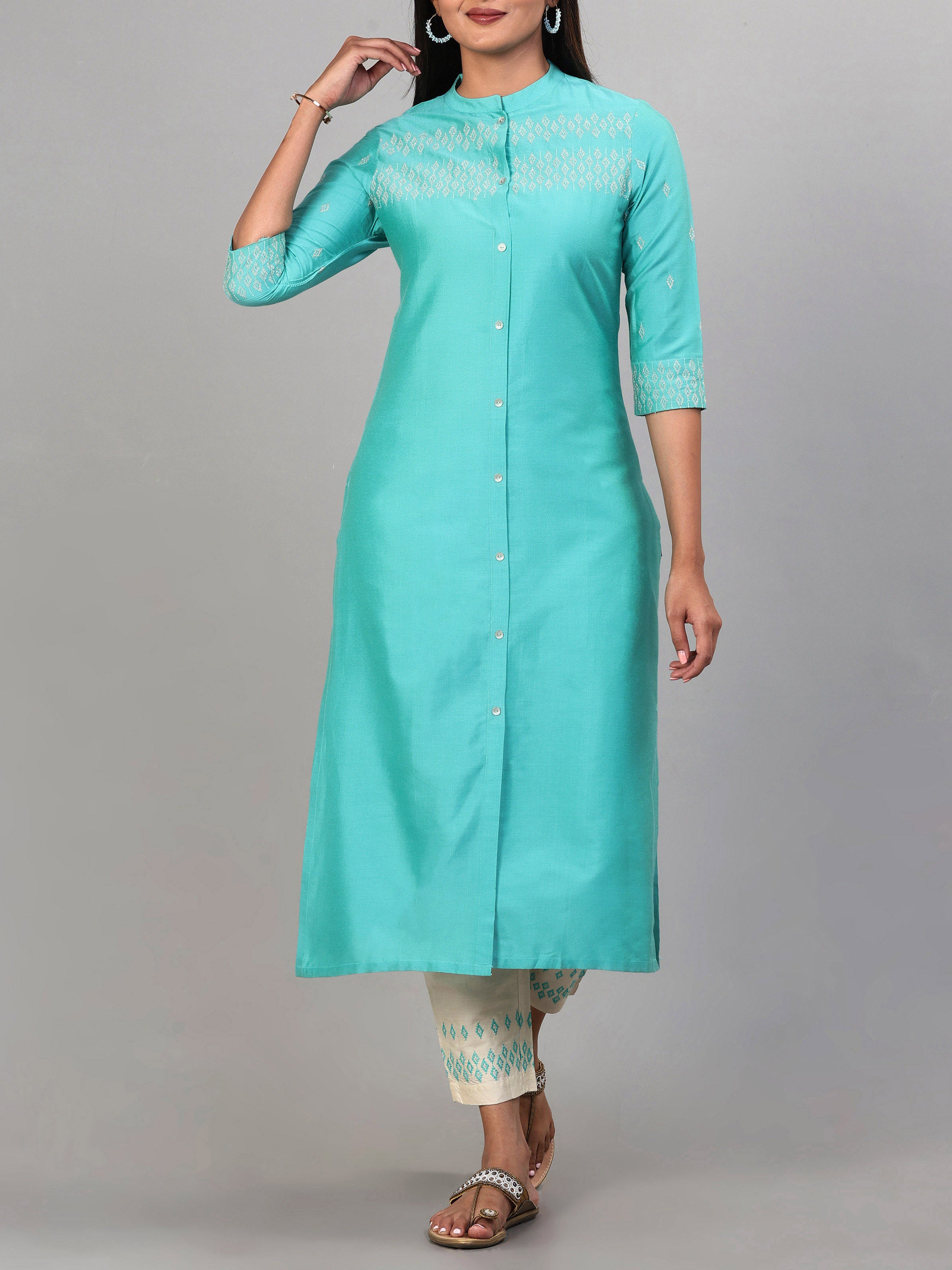 Aqua Blue Poly Viscose Kurti With Embroidery And Matching Bottom