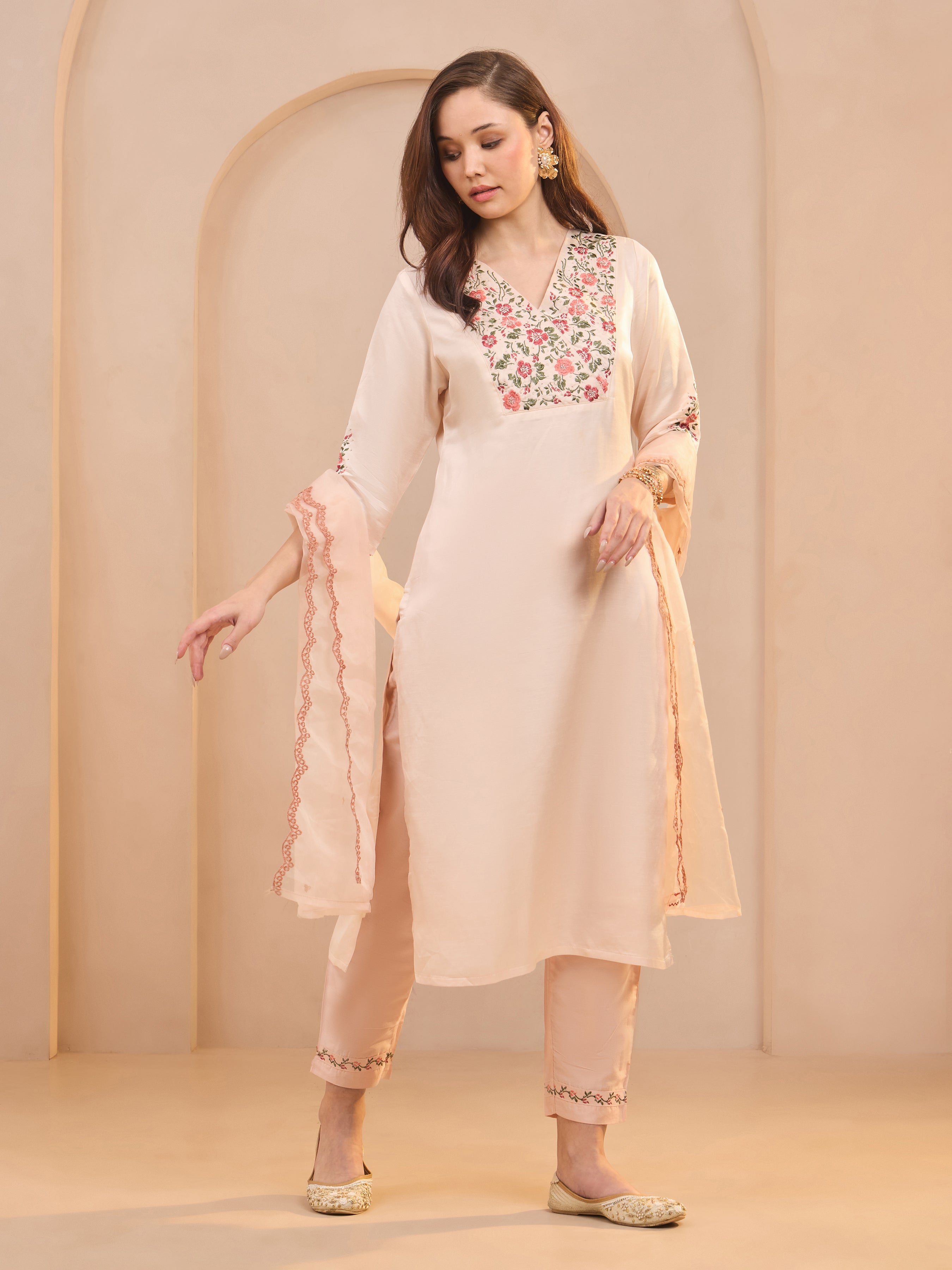 Peach Viscose Linen Kurti Set & Dupatta With Handwork Embroidery