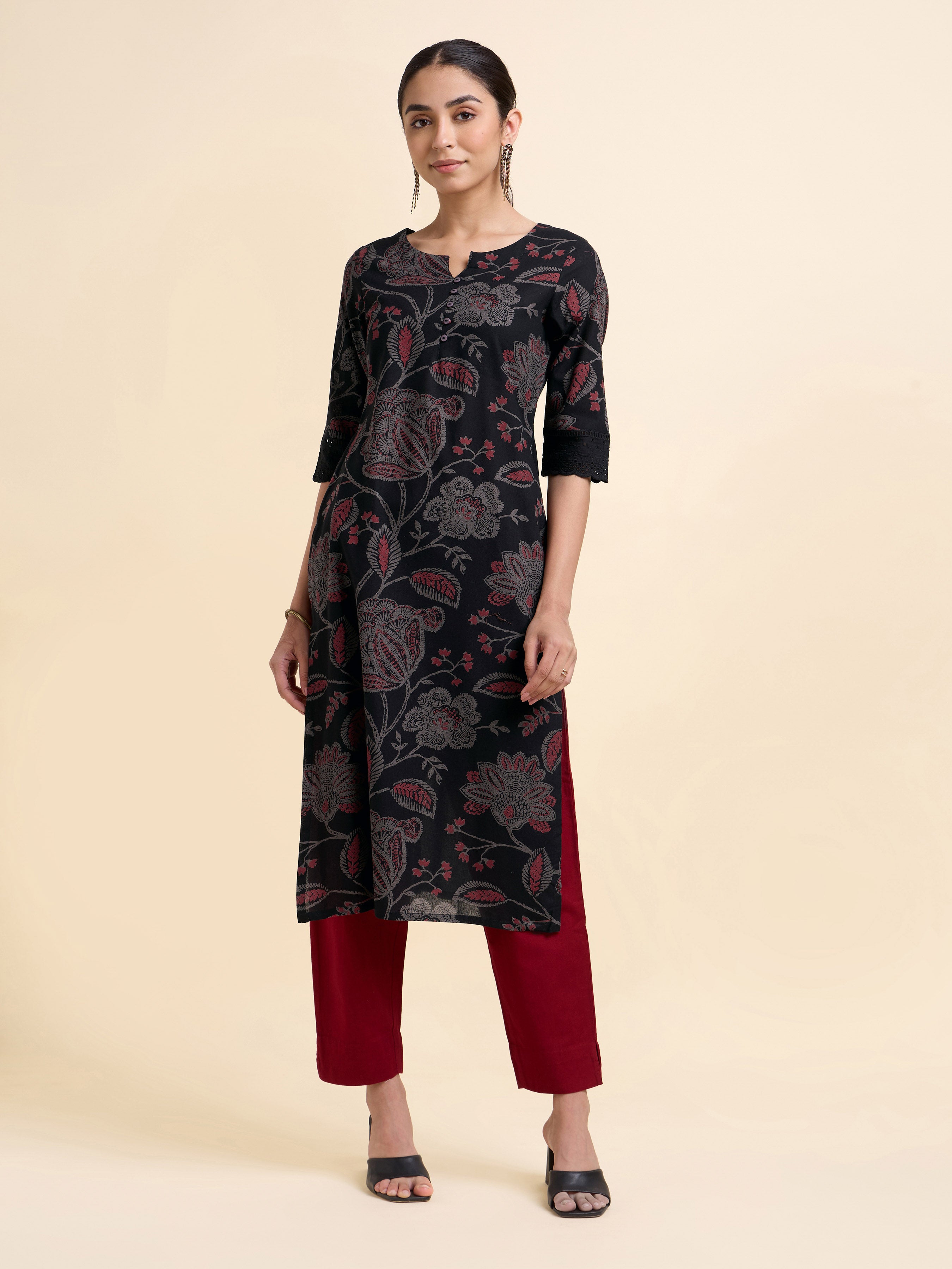Black Multicolour Cotton Flax Printed Slitted Kurti With Lace