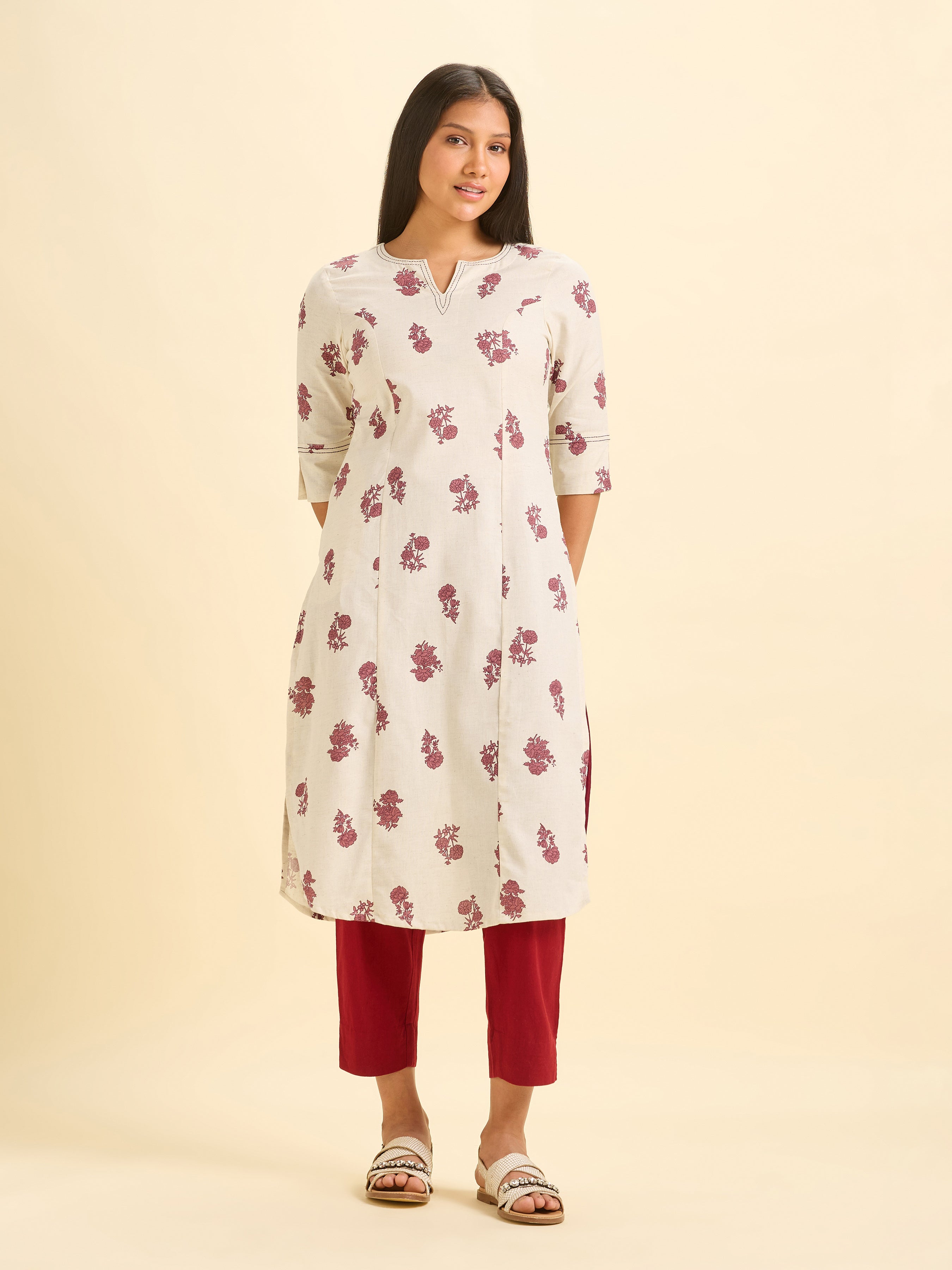 Ivory Maroon Cotton Flax Printed Slit Kurti With Running Stitch Embroidery
