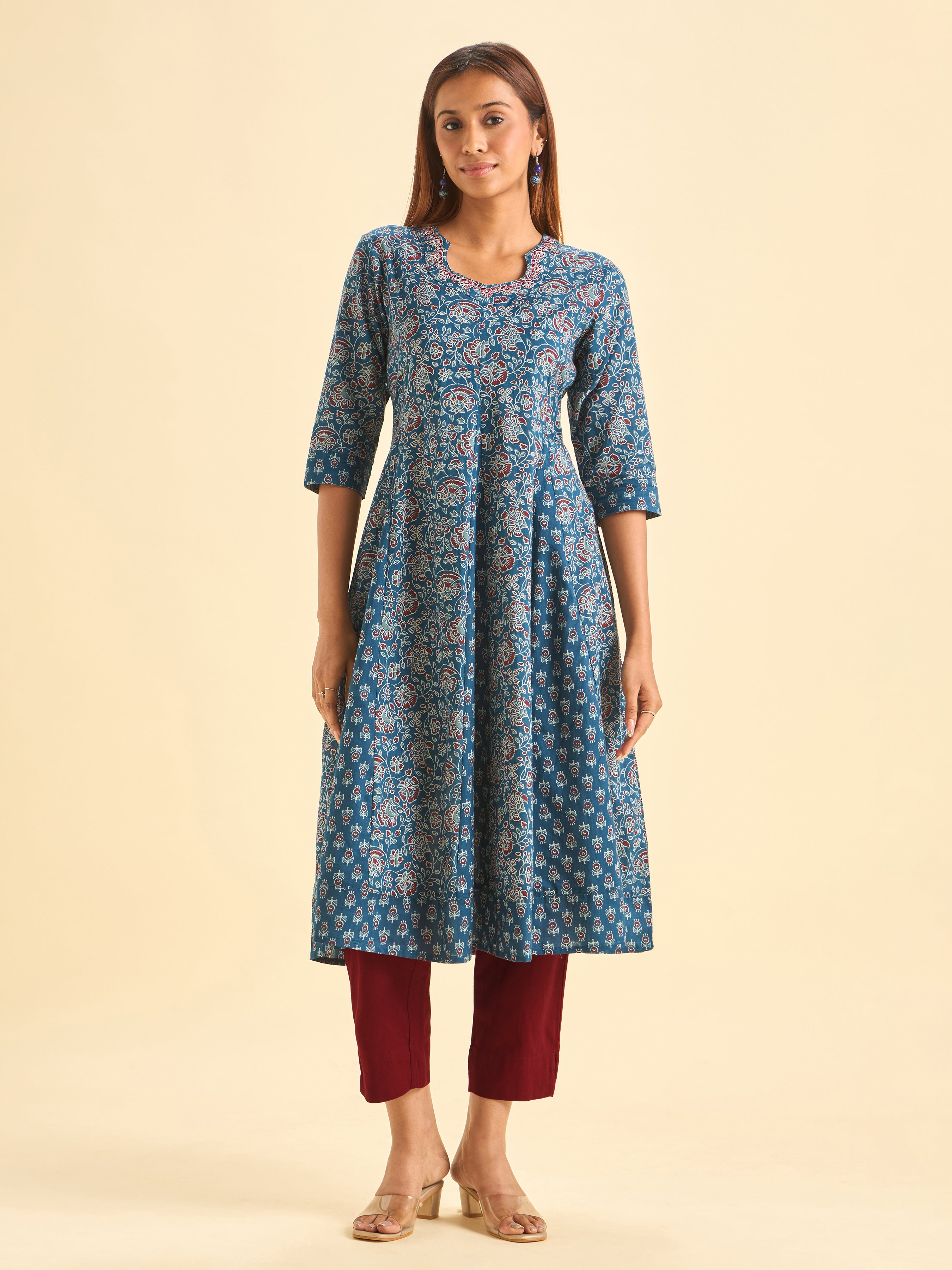 Blue Pure Cotton Printed Flared Kalicut Kurti With Embroidery And Sequence