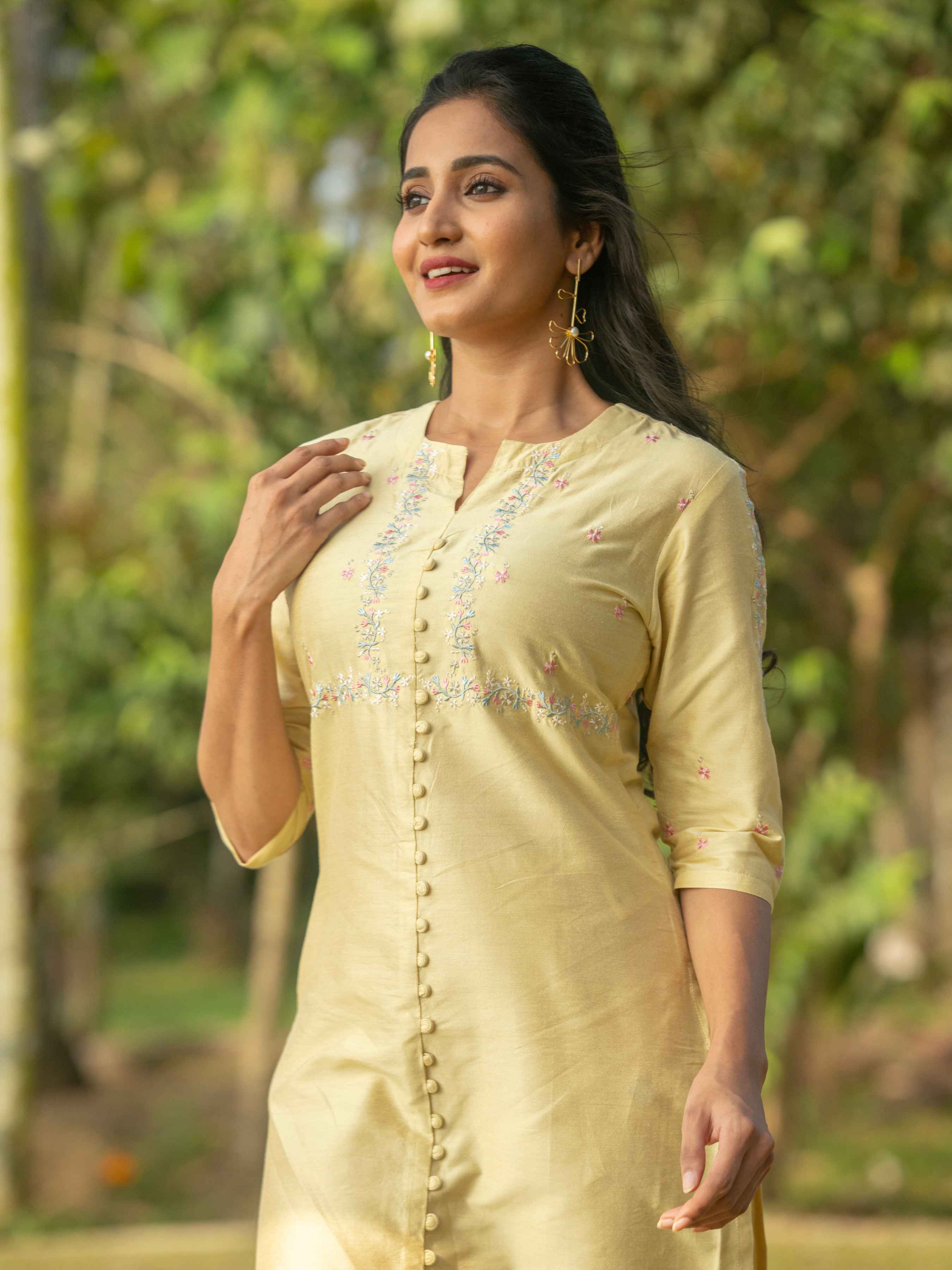 Yellow Poly Viscose Kurti With Embroidery And Matching Bottom