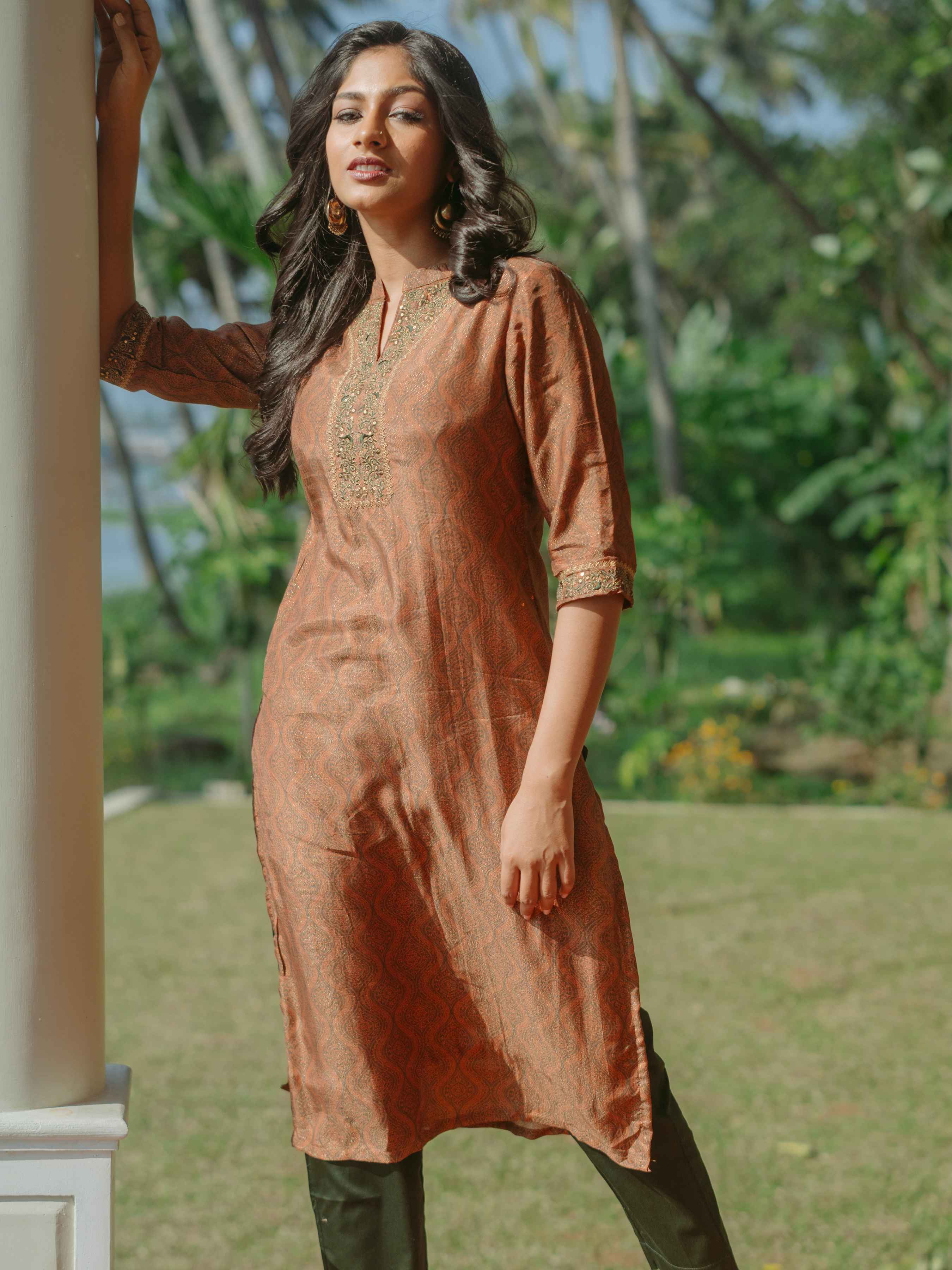 Multi-Colour Muslin Lurex Kurti With Cording Embroidery And Matching Bottom