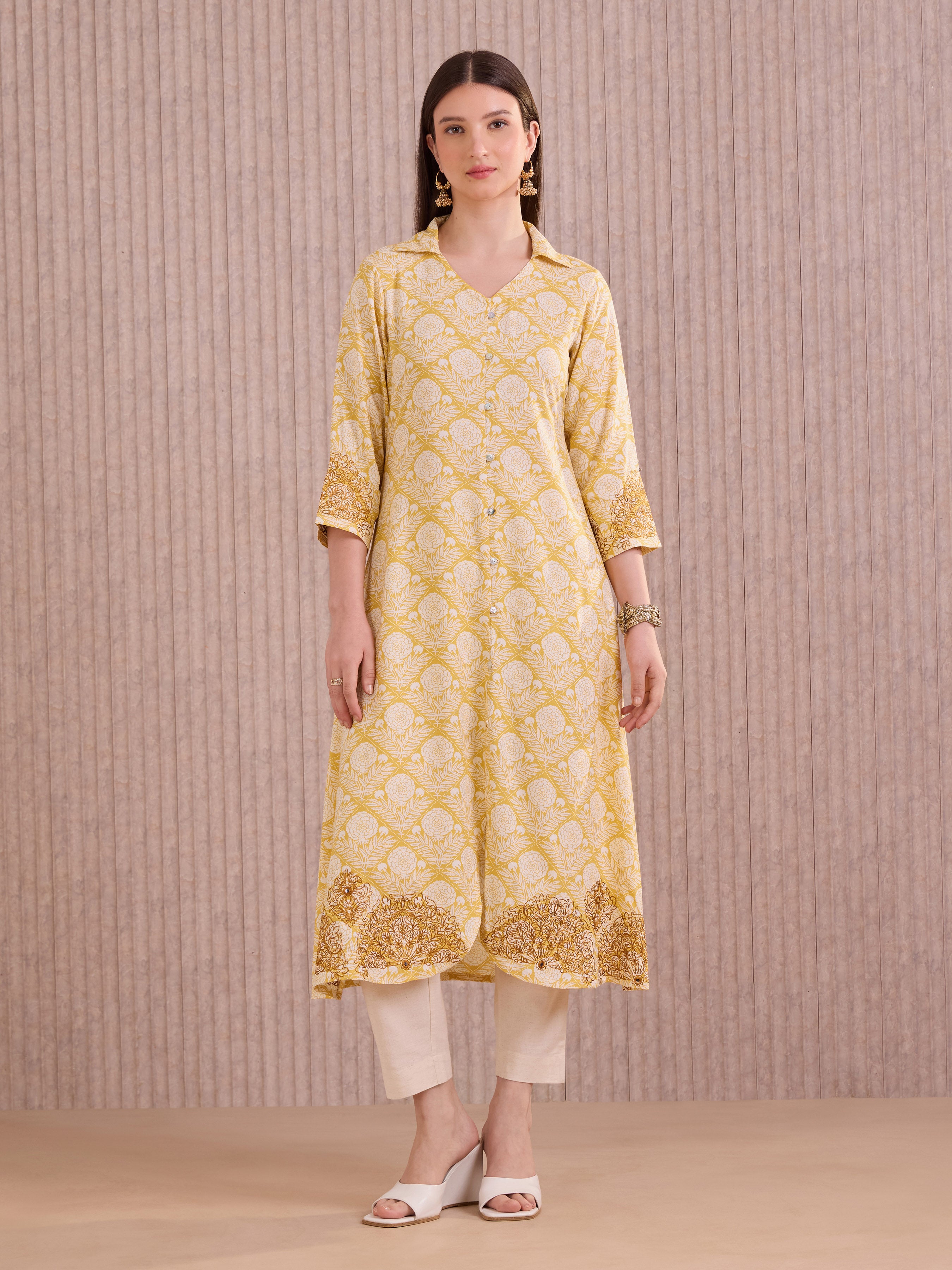 Yellow Viscose Printed Kurti With Embroidery