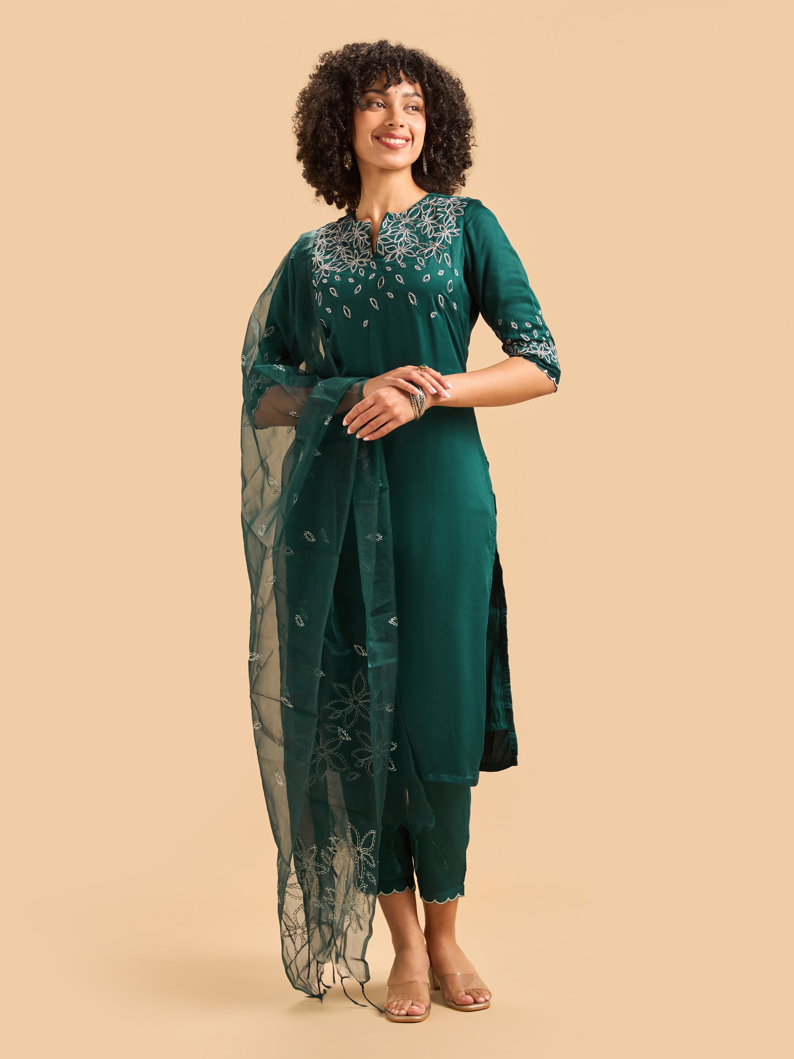 Teal Green Viscose Plain Kurti Set & Dupatta With Hand Work Embroidery