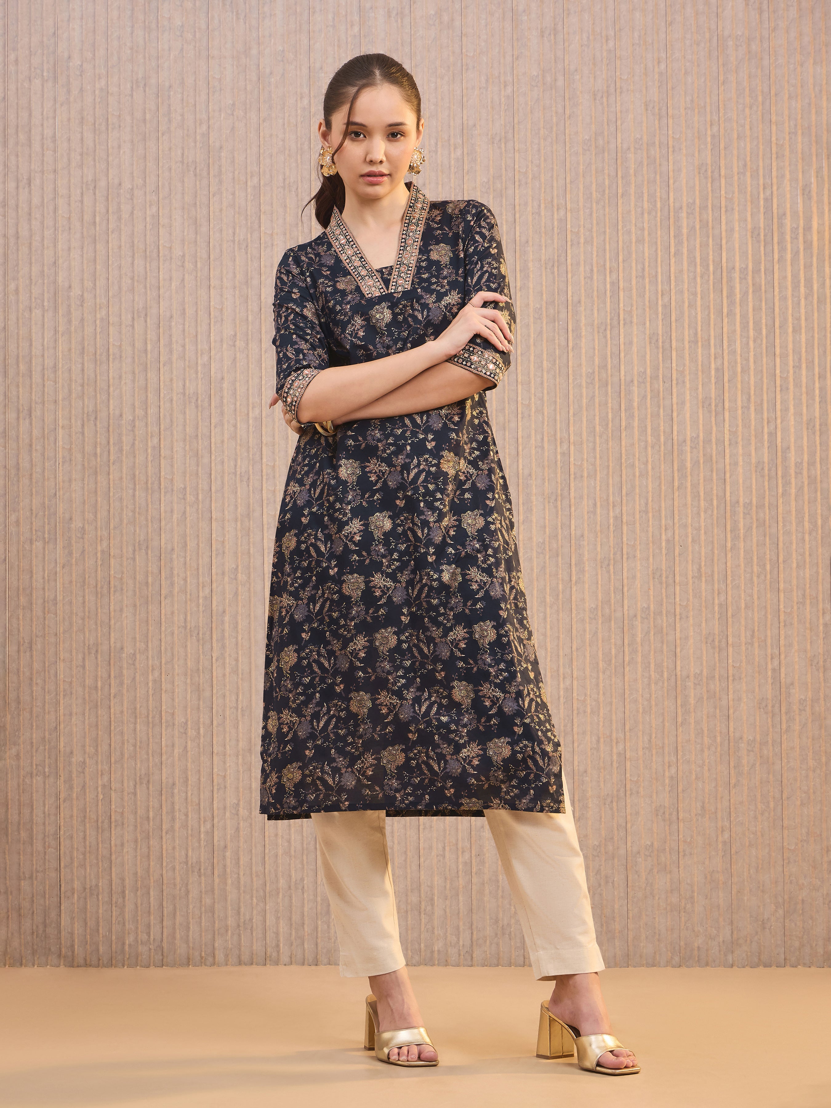 Navy Blue Pure Cotton Foil Printed Kurti With Mirror Work