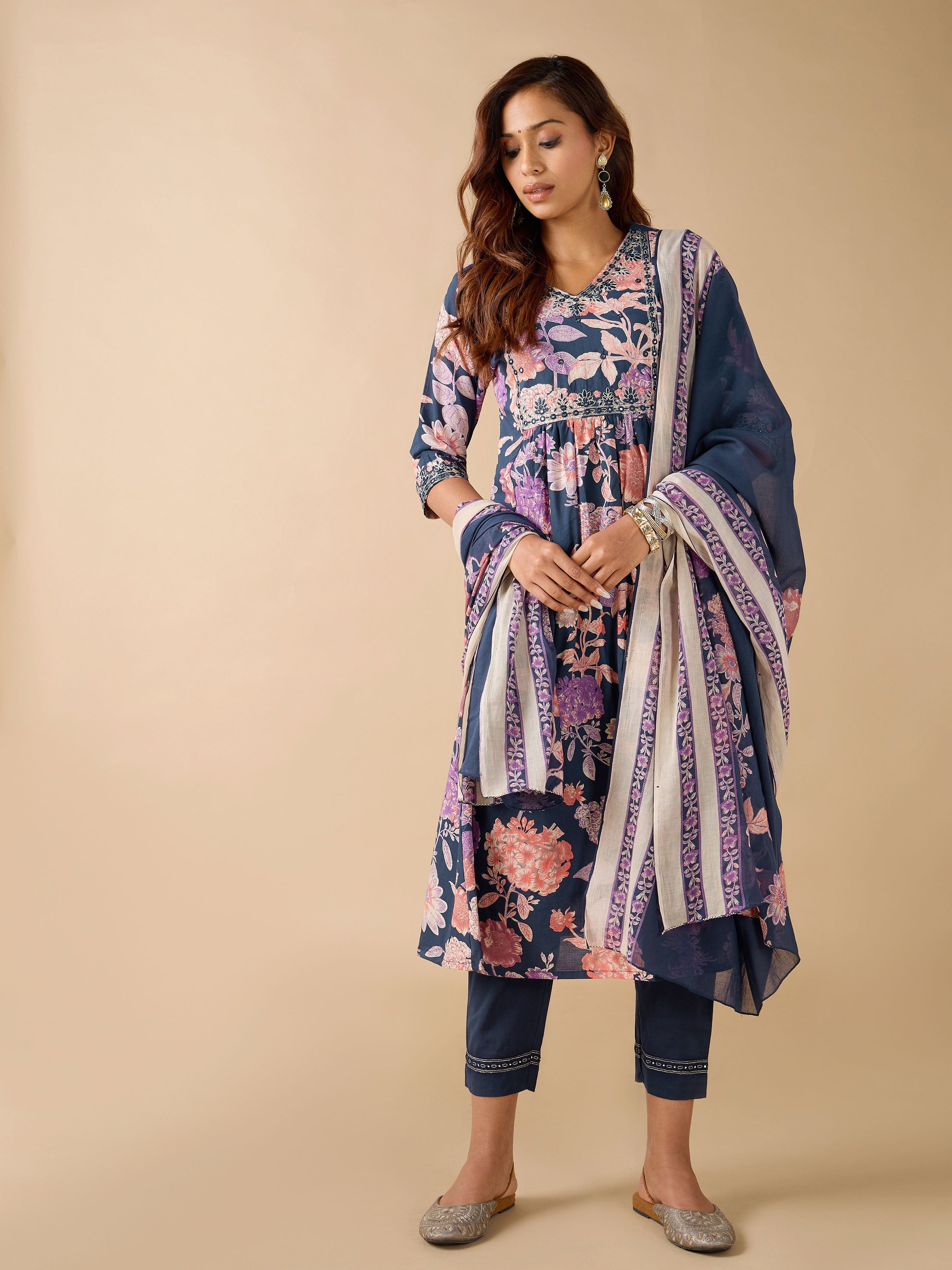 Navy Blue Pure Cotton Floral Printed Kurti Set & Dupatta With Mirror Work