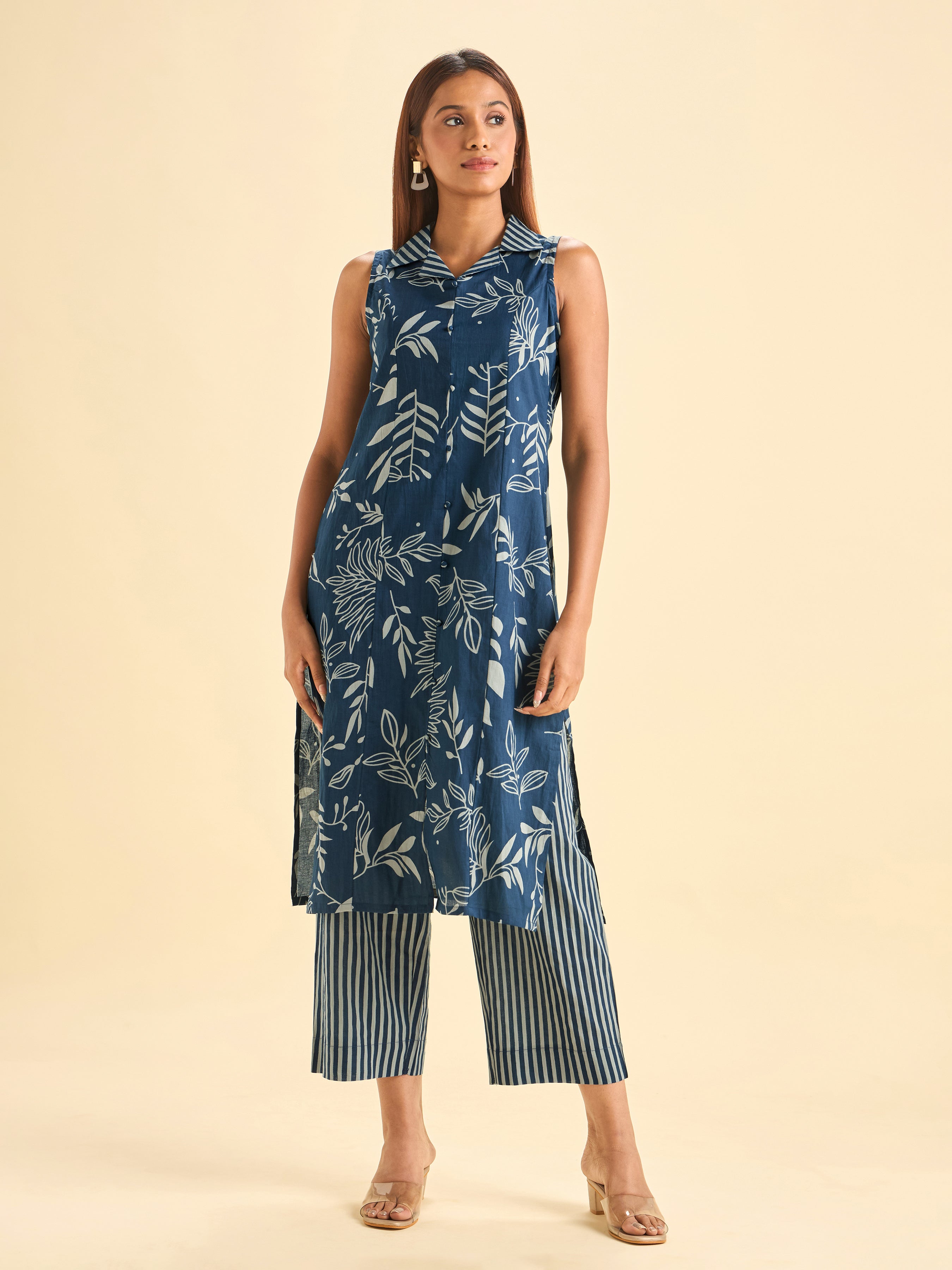 Denim Blue White Pure Cotton Printed Kurti Set With Smocking