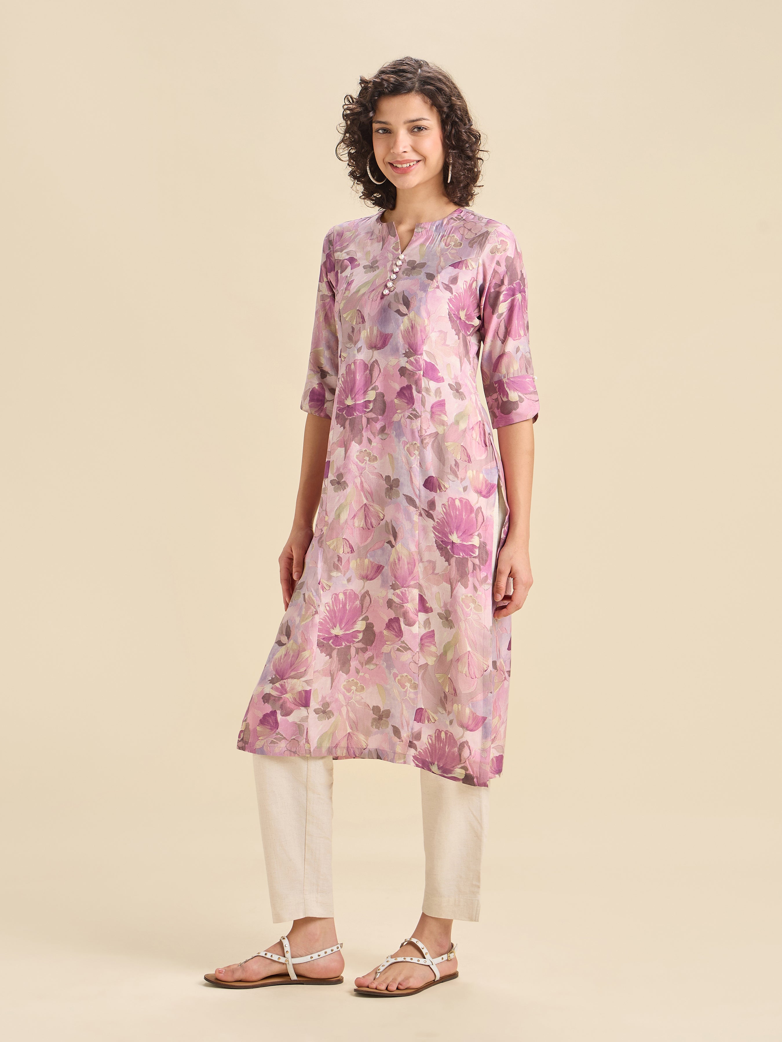 Lilac Modal Chanderi Printed Slited Kurti With Princess Cut