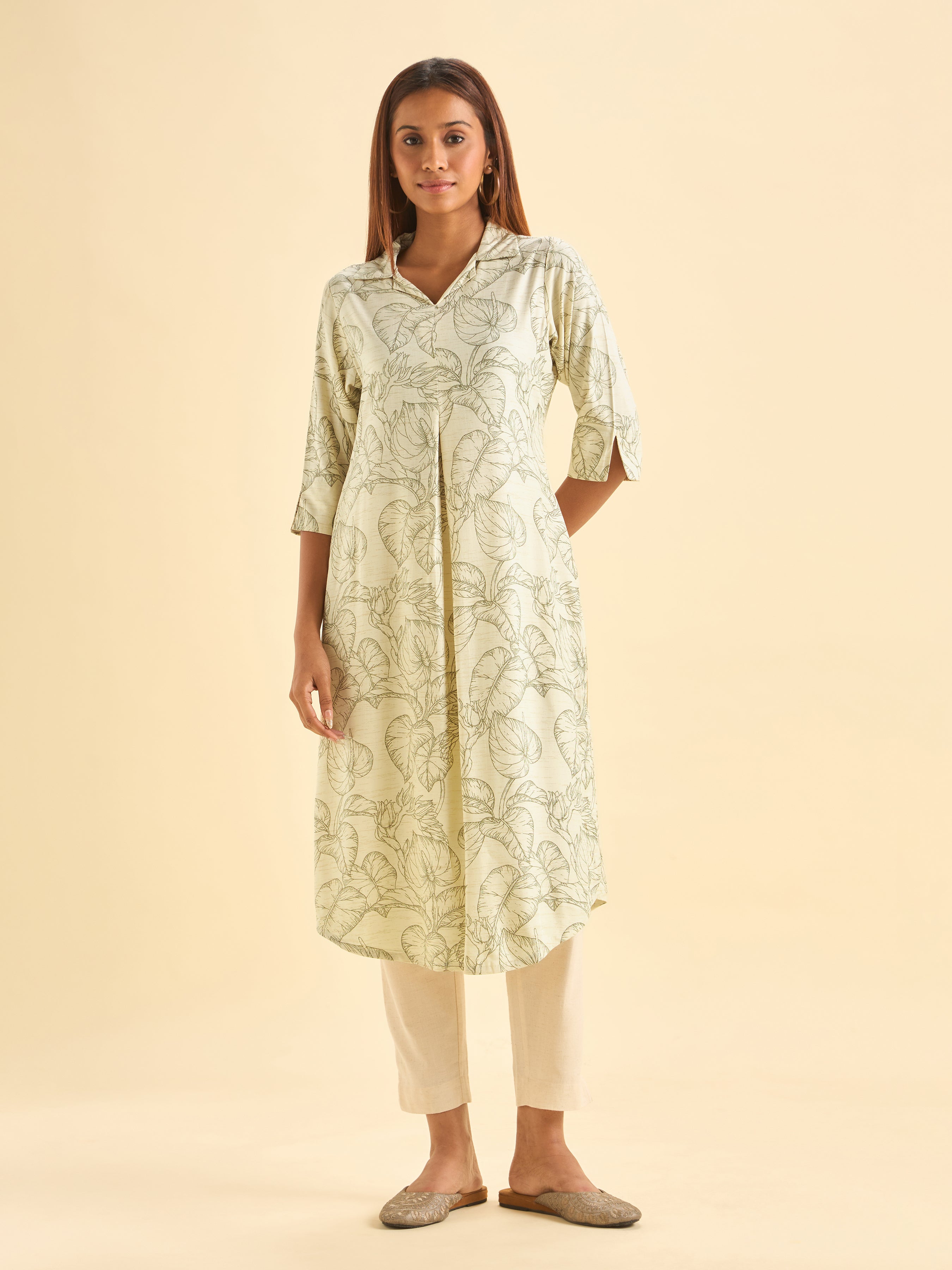 Ivory And Coffee Brown Tencel Printed Slited Kurti With Princess Cut And Libertycut