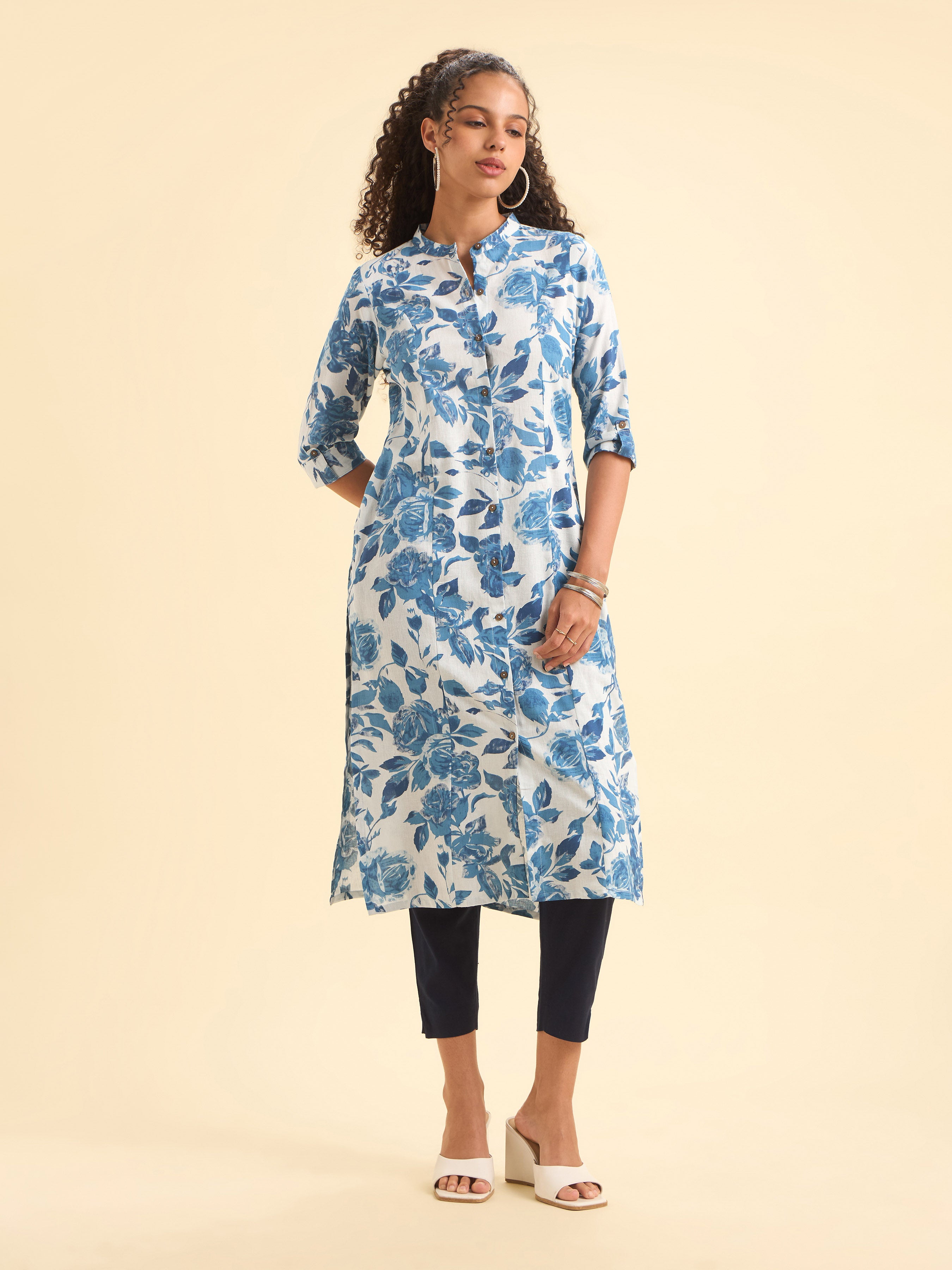 White Blue Colour Cotton Flax Printed Slit Kurti With Placket