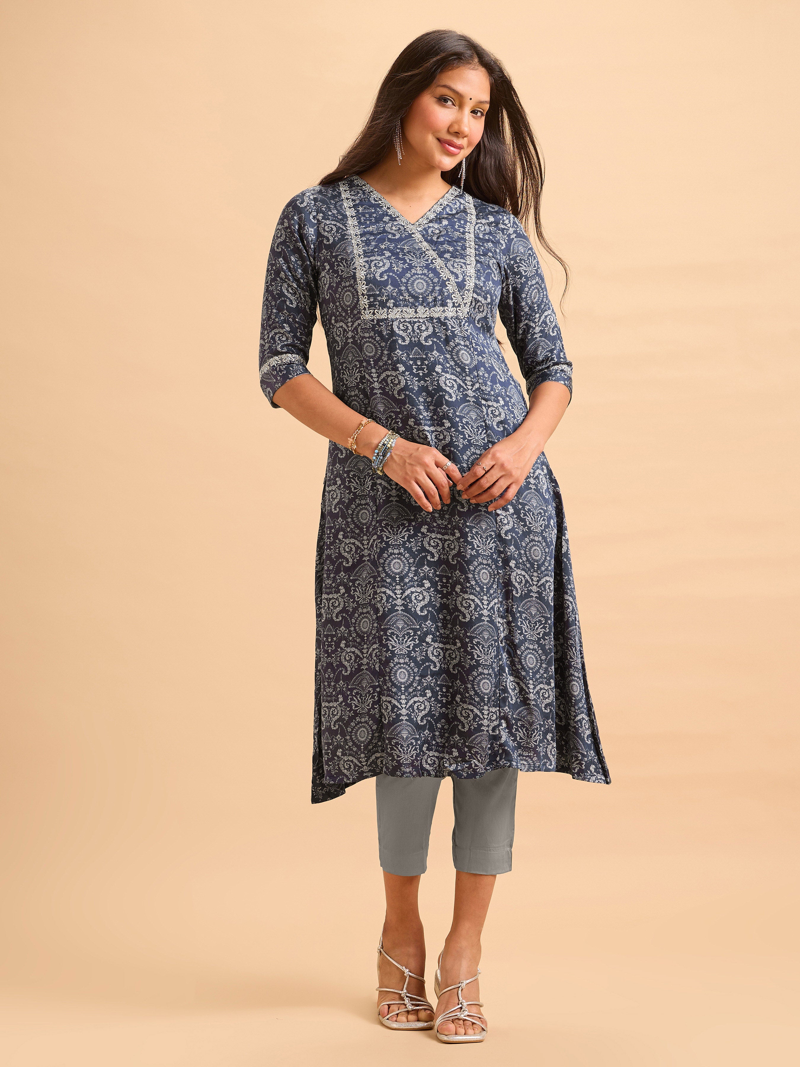 Navy Blue Modal Satin Printed Kurti Set With Embroidery