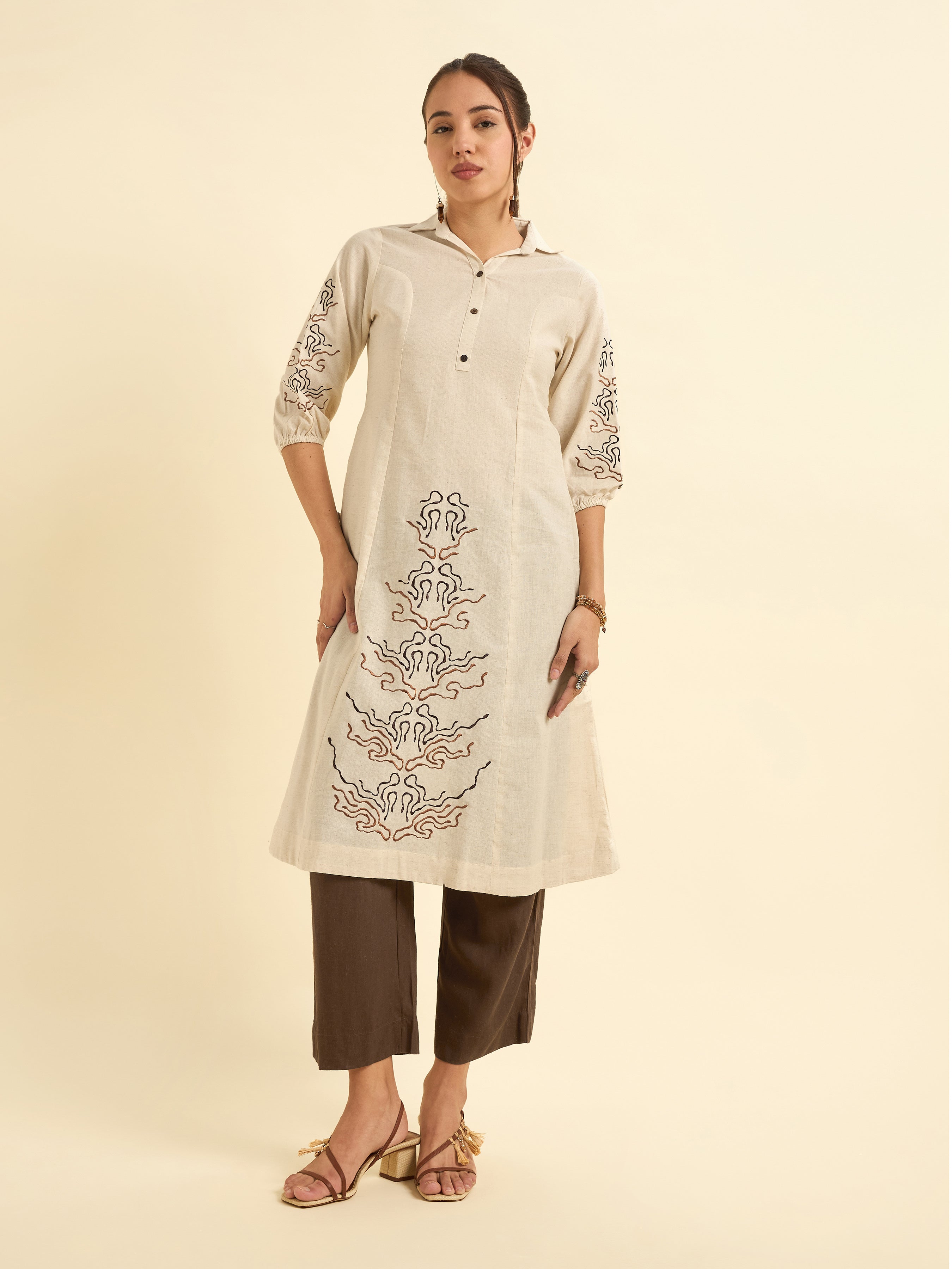 Ivory Cotton Flax Flared Kurti With Princess Cut And Embroidery