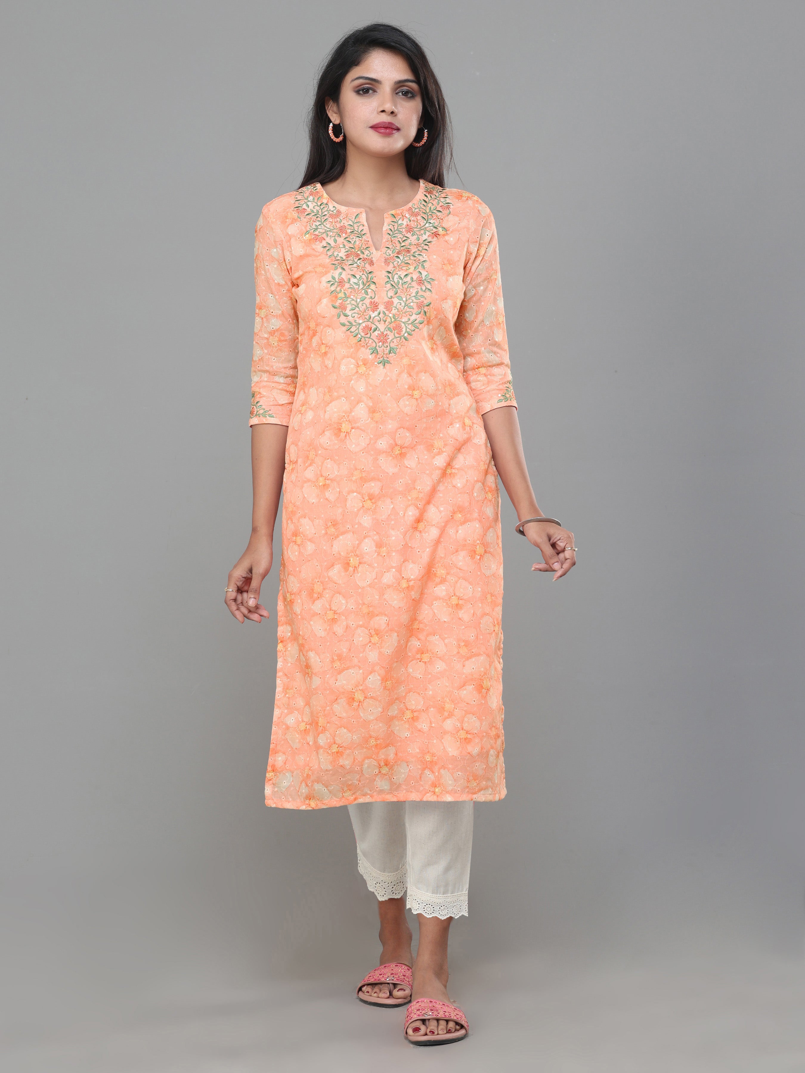 Rust Orange Cotton Schiffli Printed Kurti With Embroidery And Matching Bottom