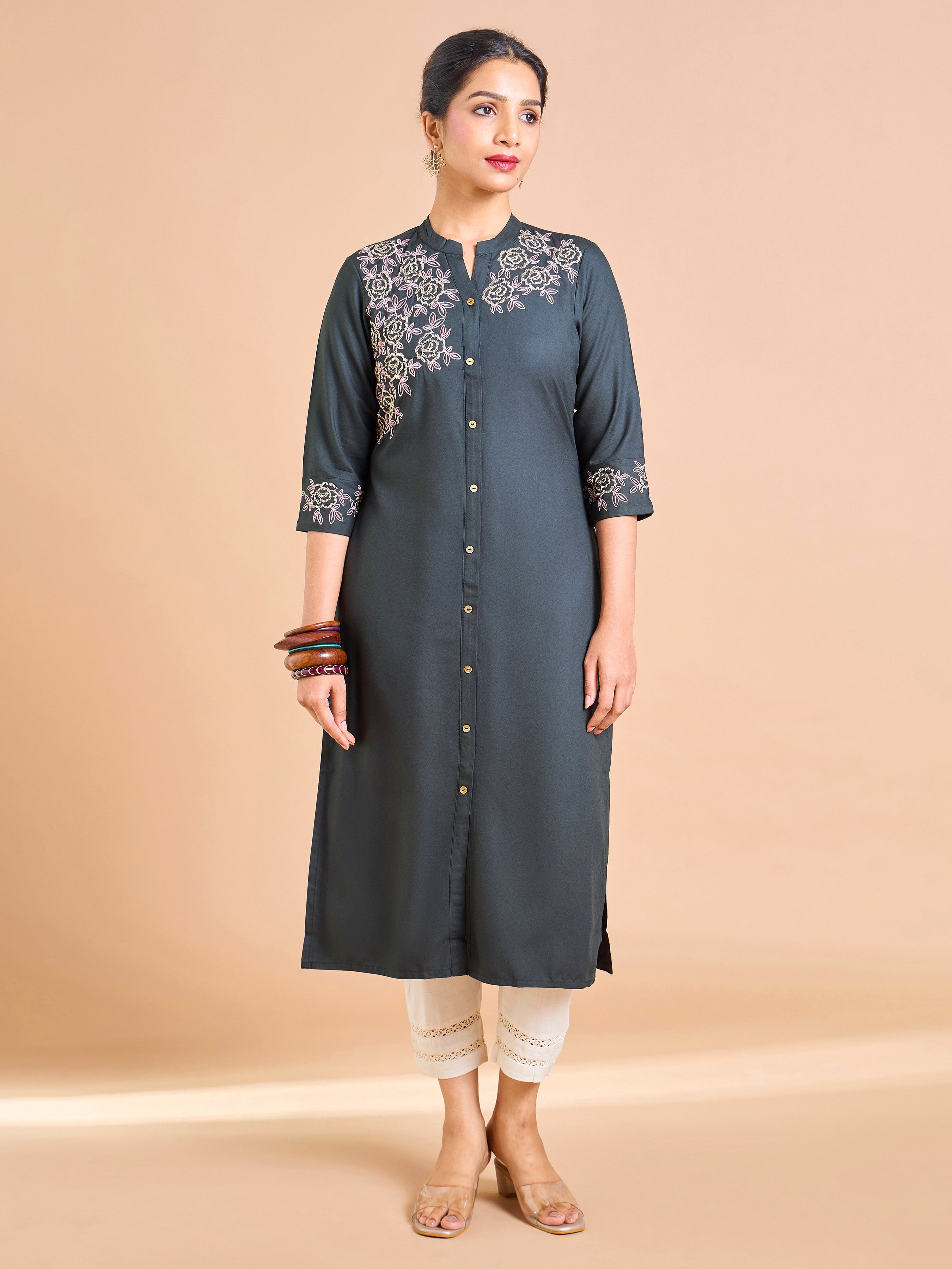 Dark Grey Viscose Plain Kurti With Embroidery