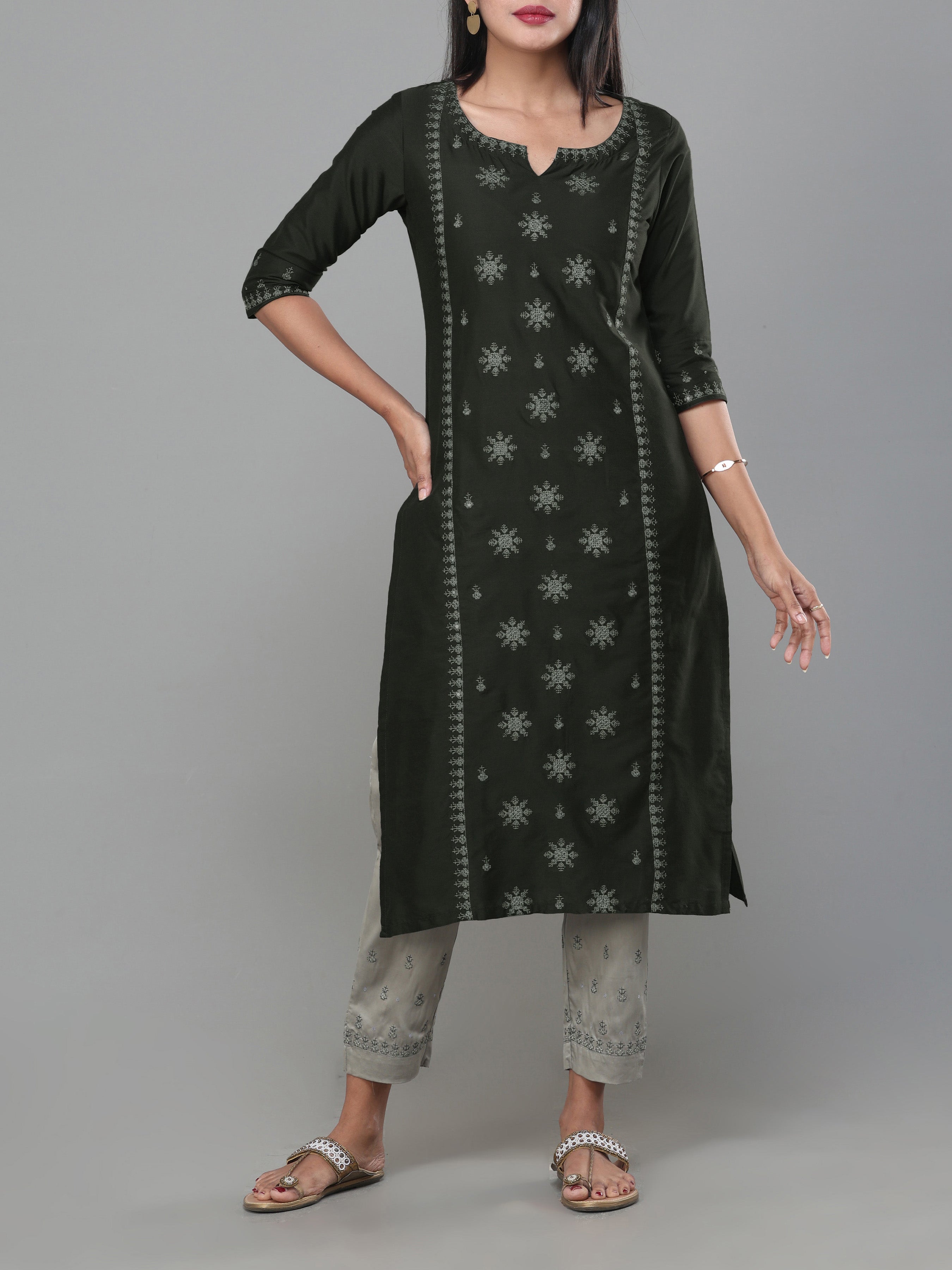 Olive Green Poly Viscose Kurti With Embroidery And Matching Bottom