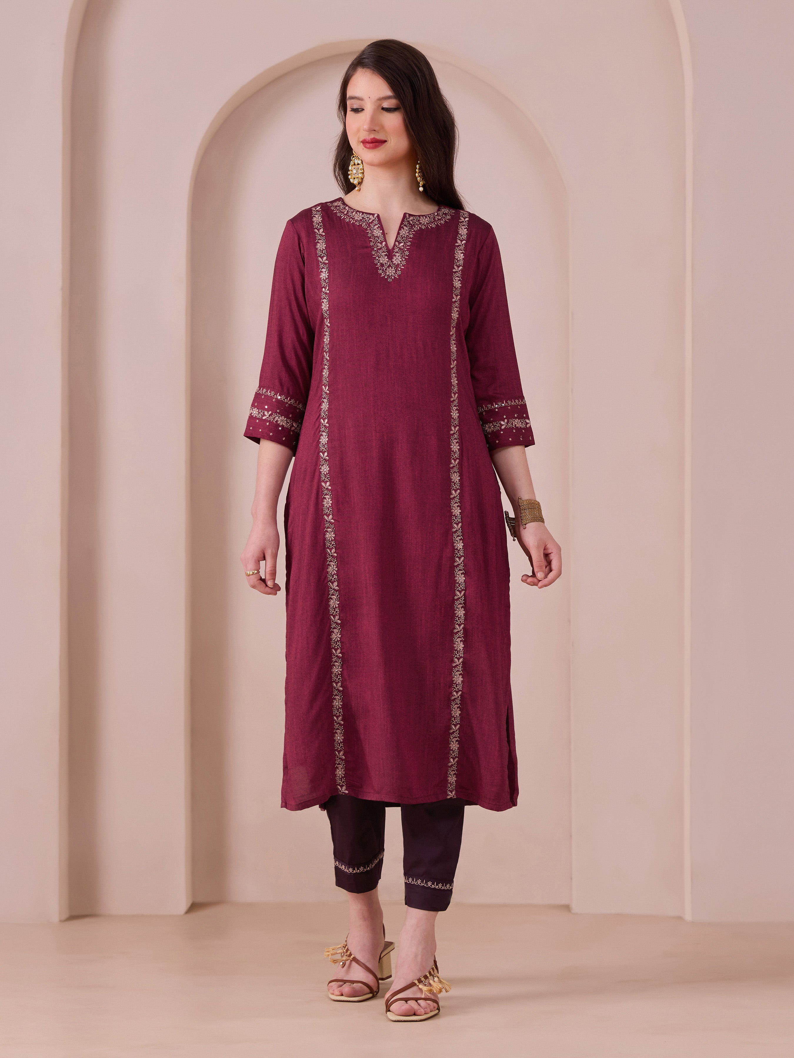Majenta Viscose Kurti & Bottom With Embroidery