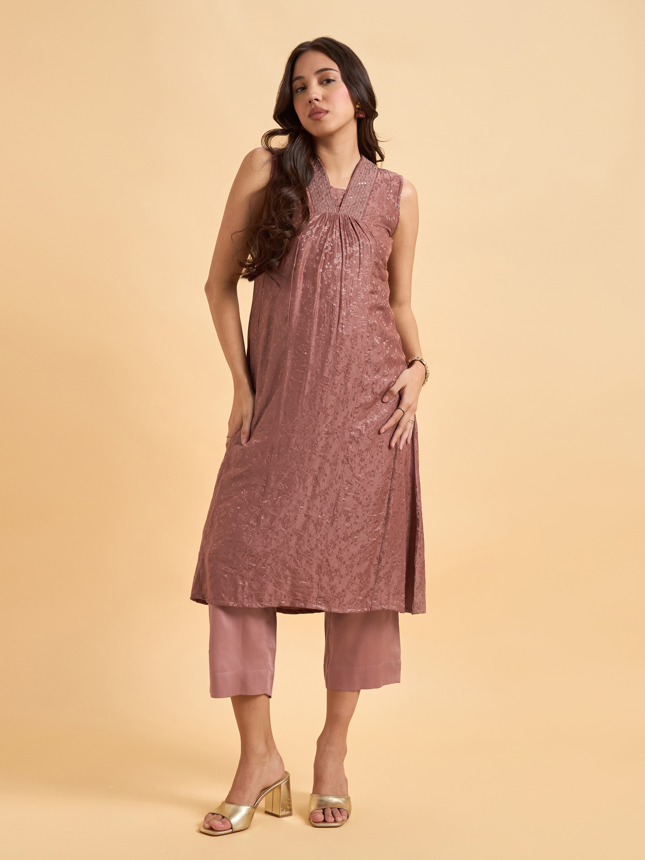 Brown Viscose Jacquard Kurti Set With Bead Work And Sequins