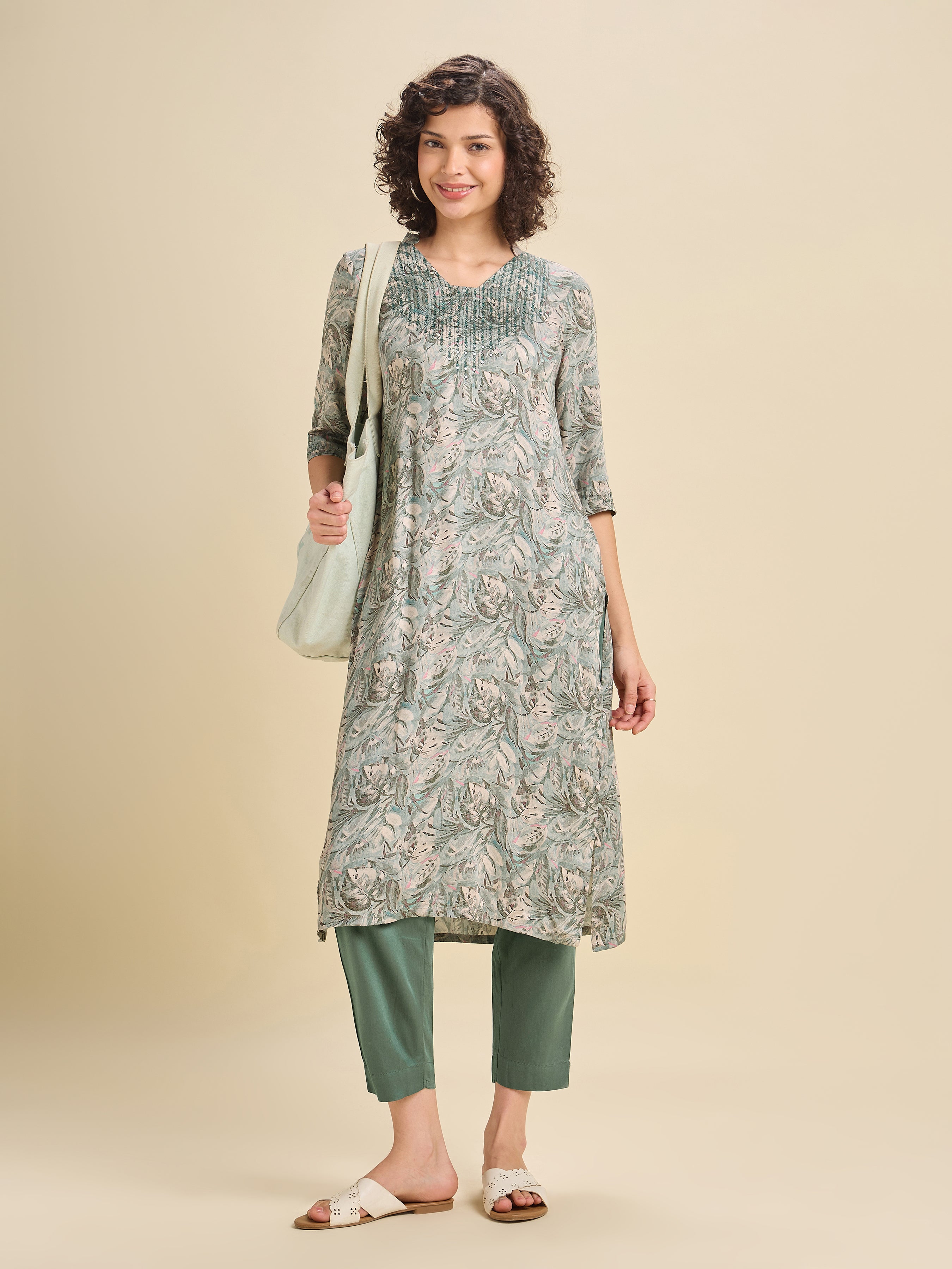 Sage Green Modal Satin Slited Kurti Set With Embroidery & Sequins Work