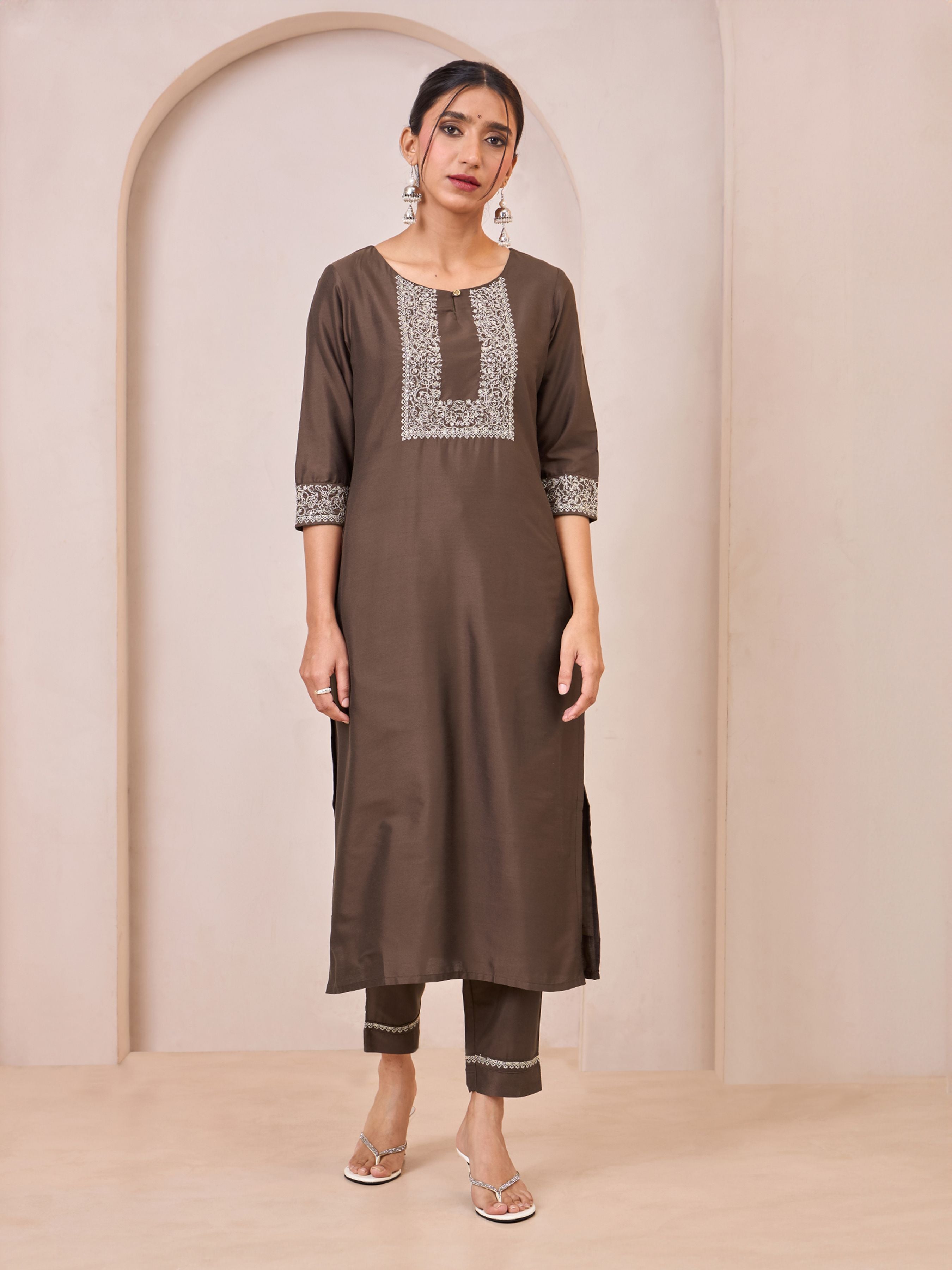 Brown Viscose Blend Kurti Set With Embroidery