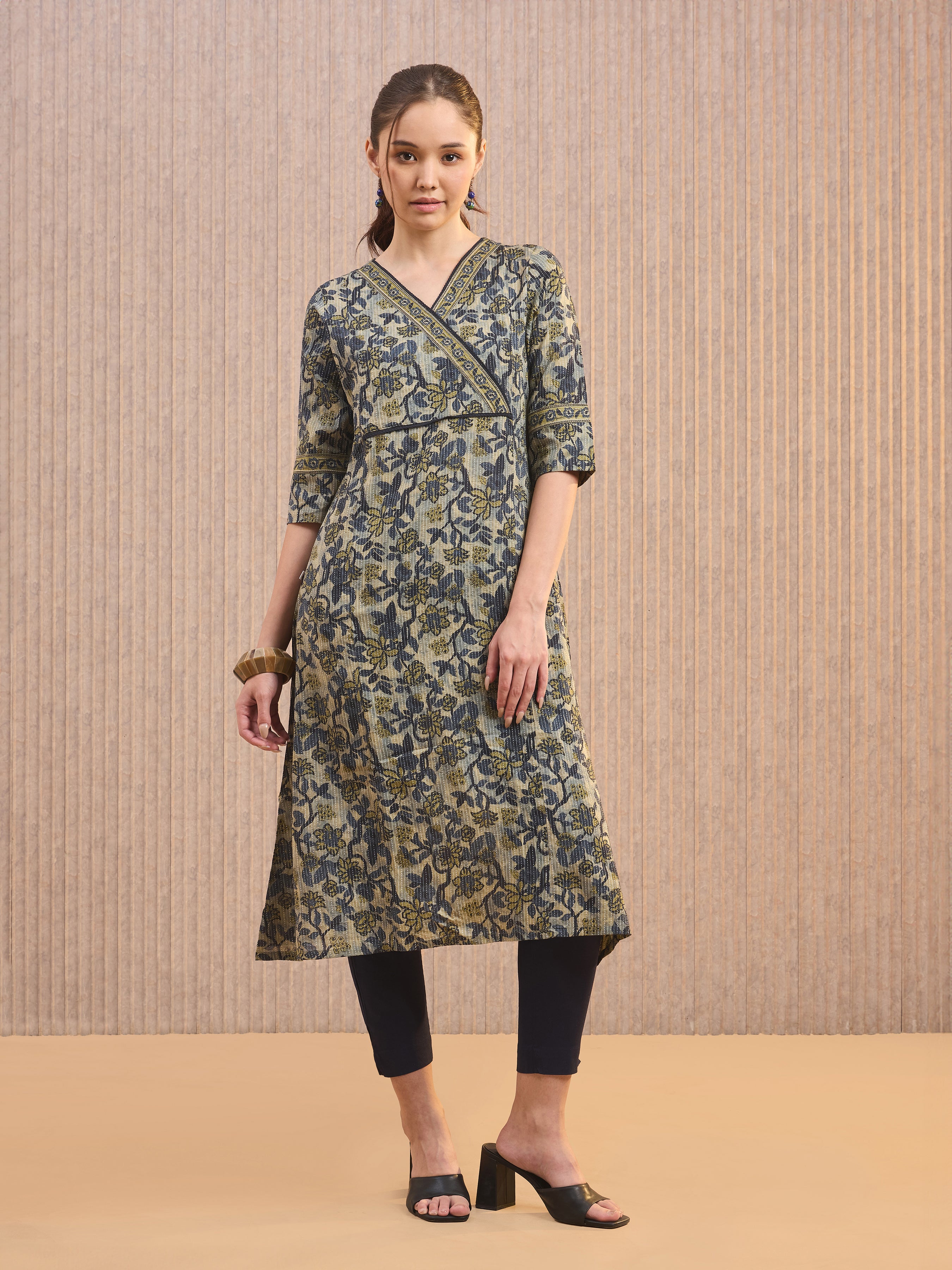Olive Green Pure Cotton Printed Kurti With Lace Detailing