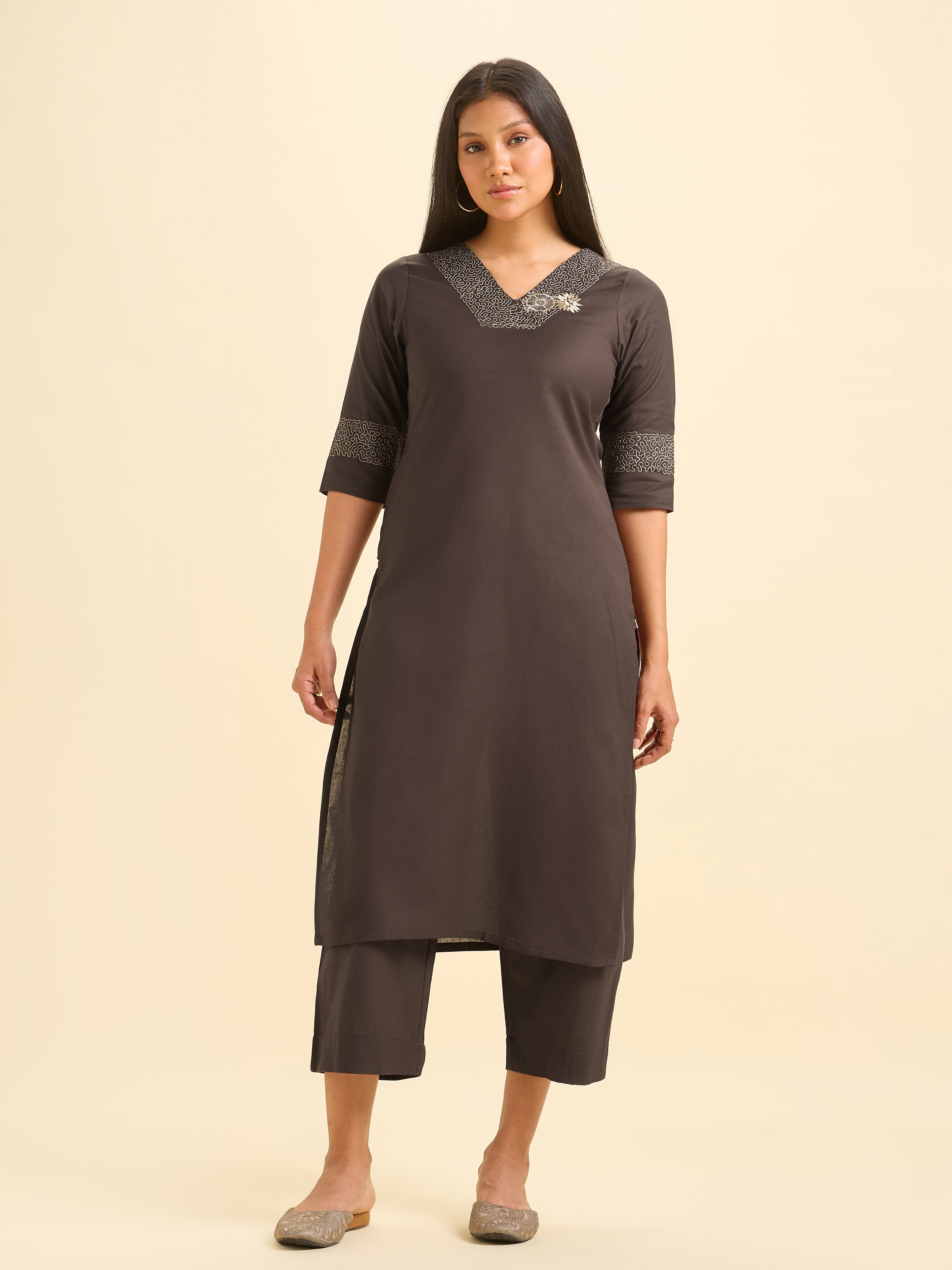 Coffee Brown Cotton Flax Slit Cord Set With Embroidery