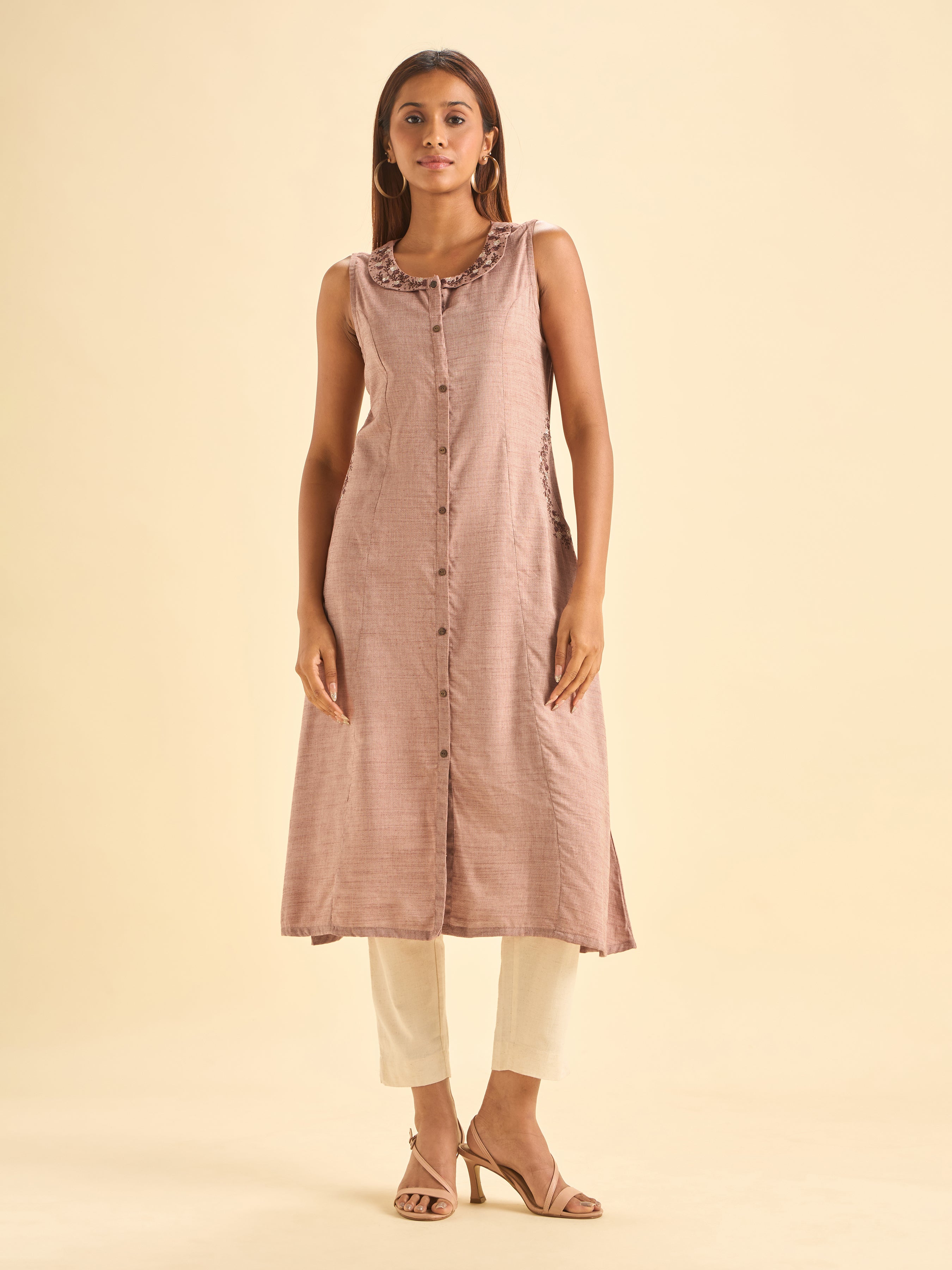 Onion Pink Cotton Viscose Kurti With Embroidery