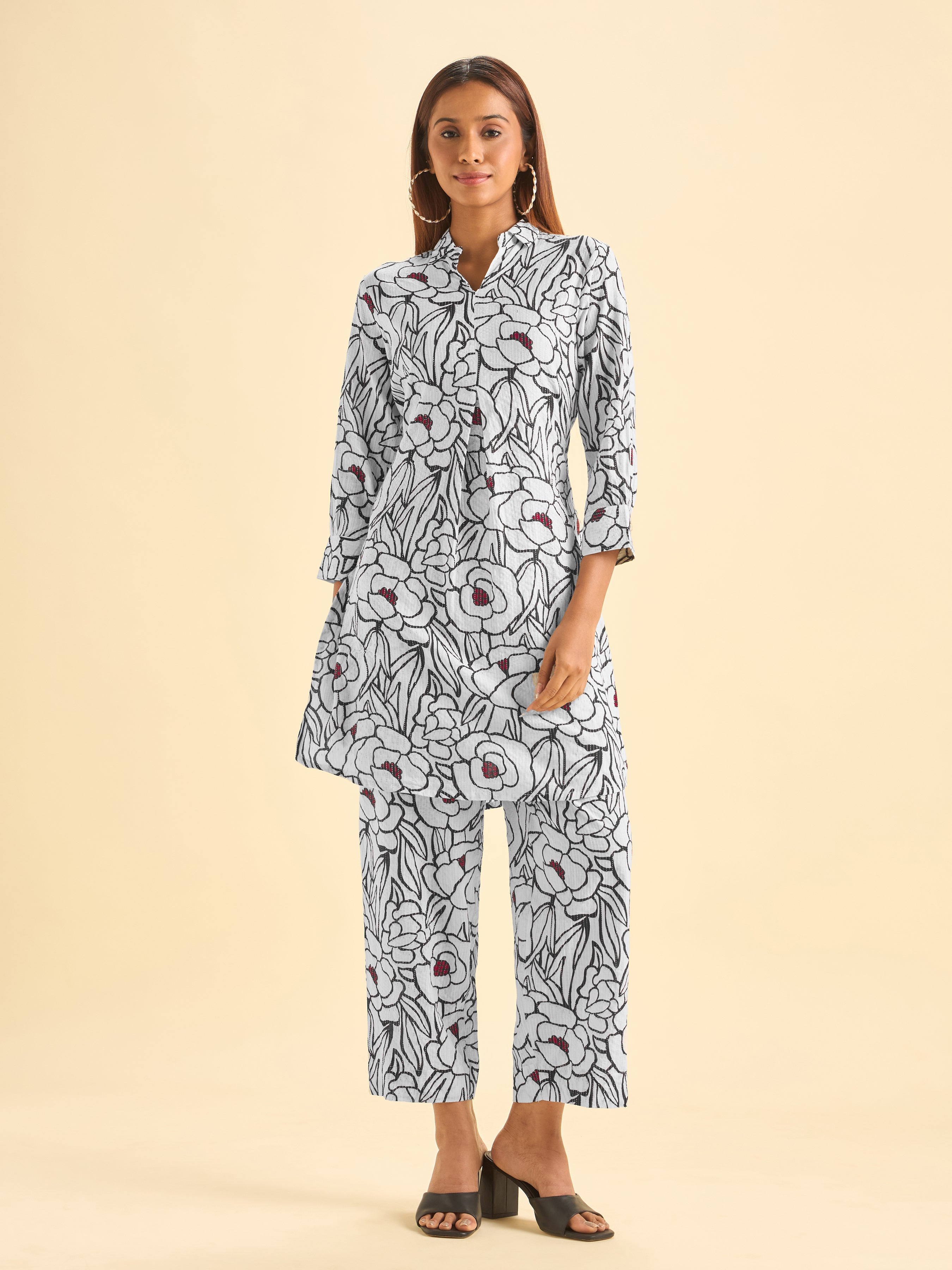 White And Black Pure Cotton Katha Printed Kurti Set With Curved Hem