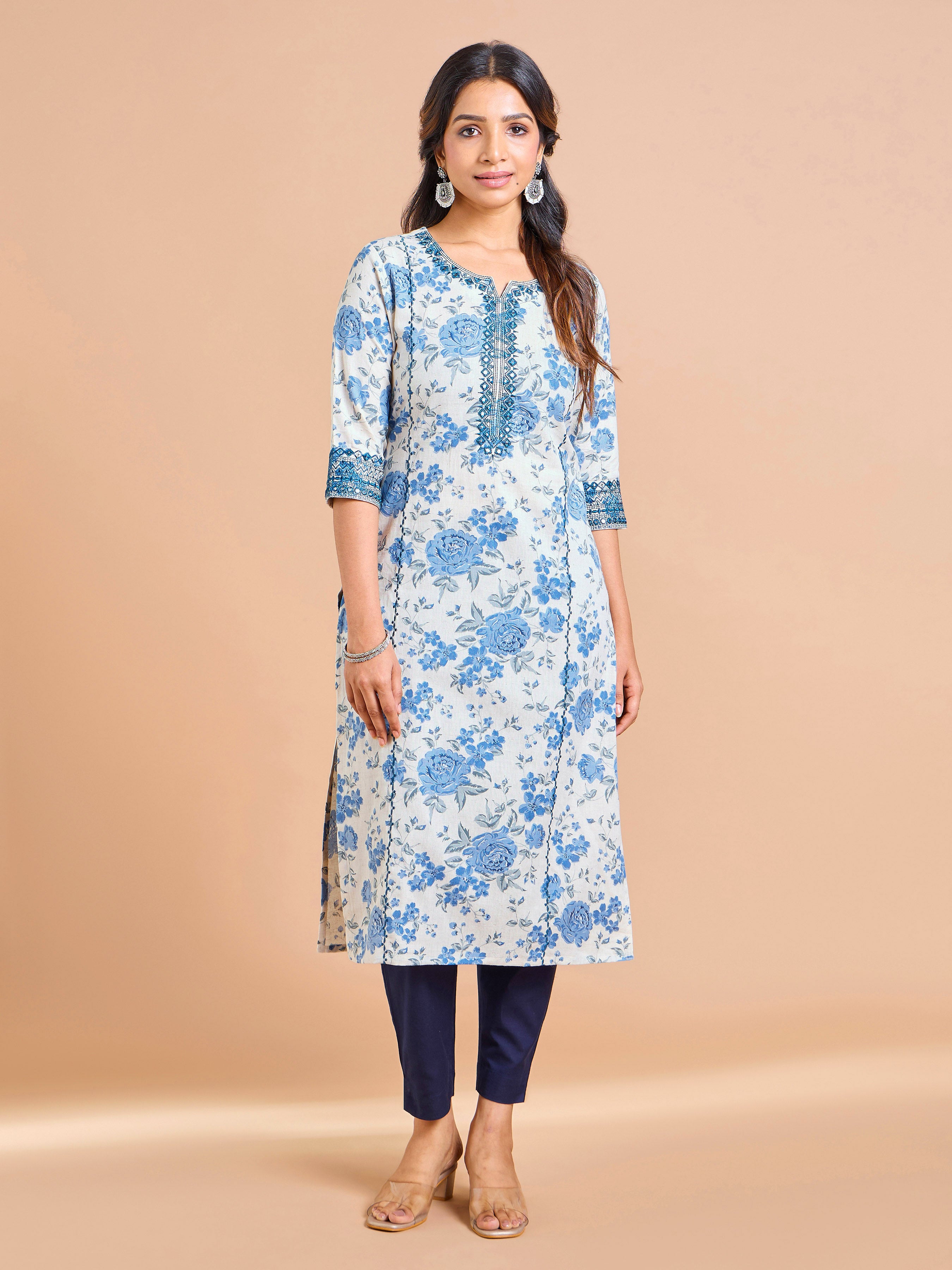 Ivory and Blue Cotton Flax Printed Kurti With Embroidery