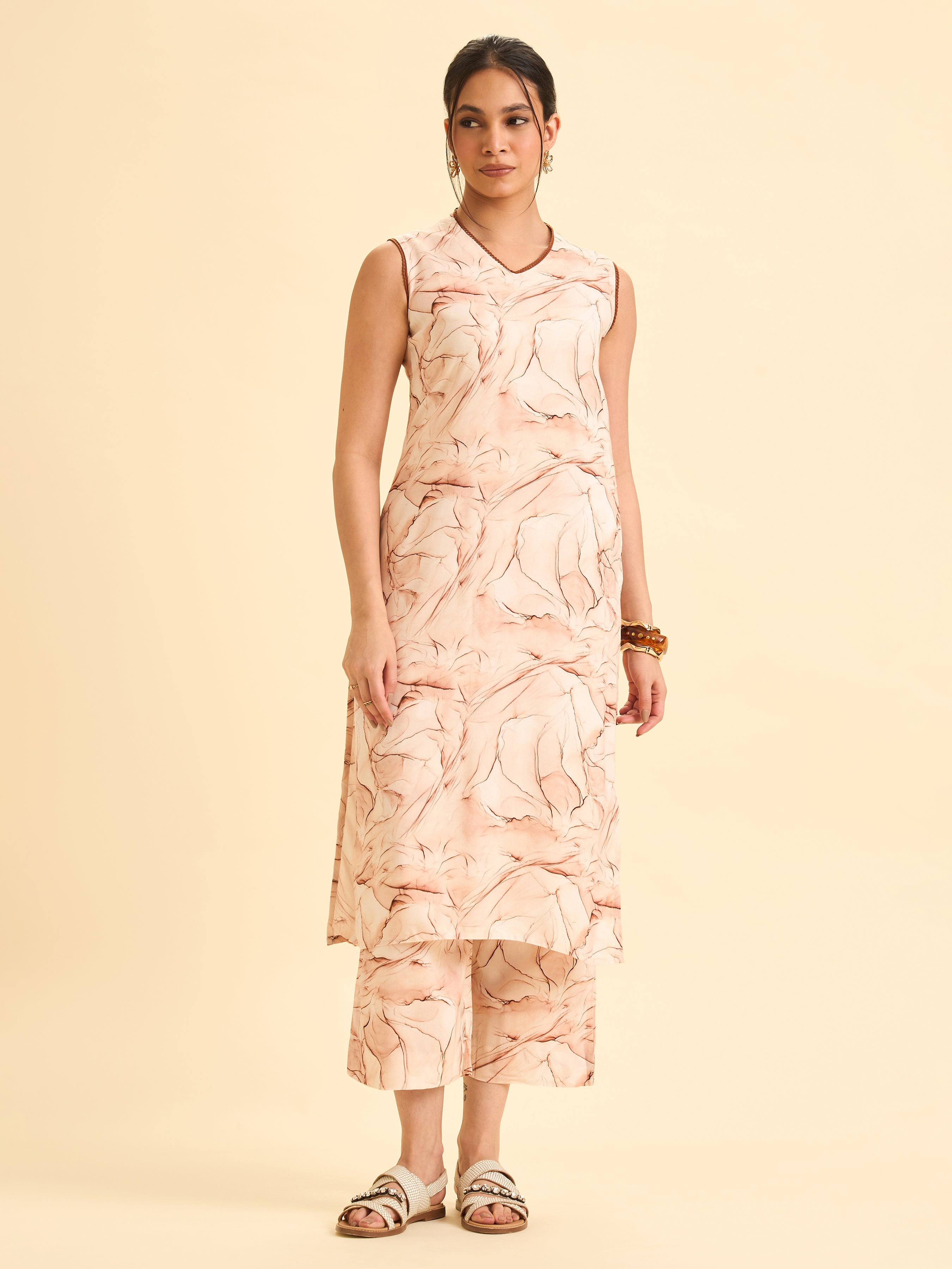 Blush Pink And Brown Viscose Printed Kurti Set With Lace