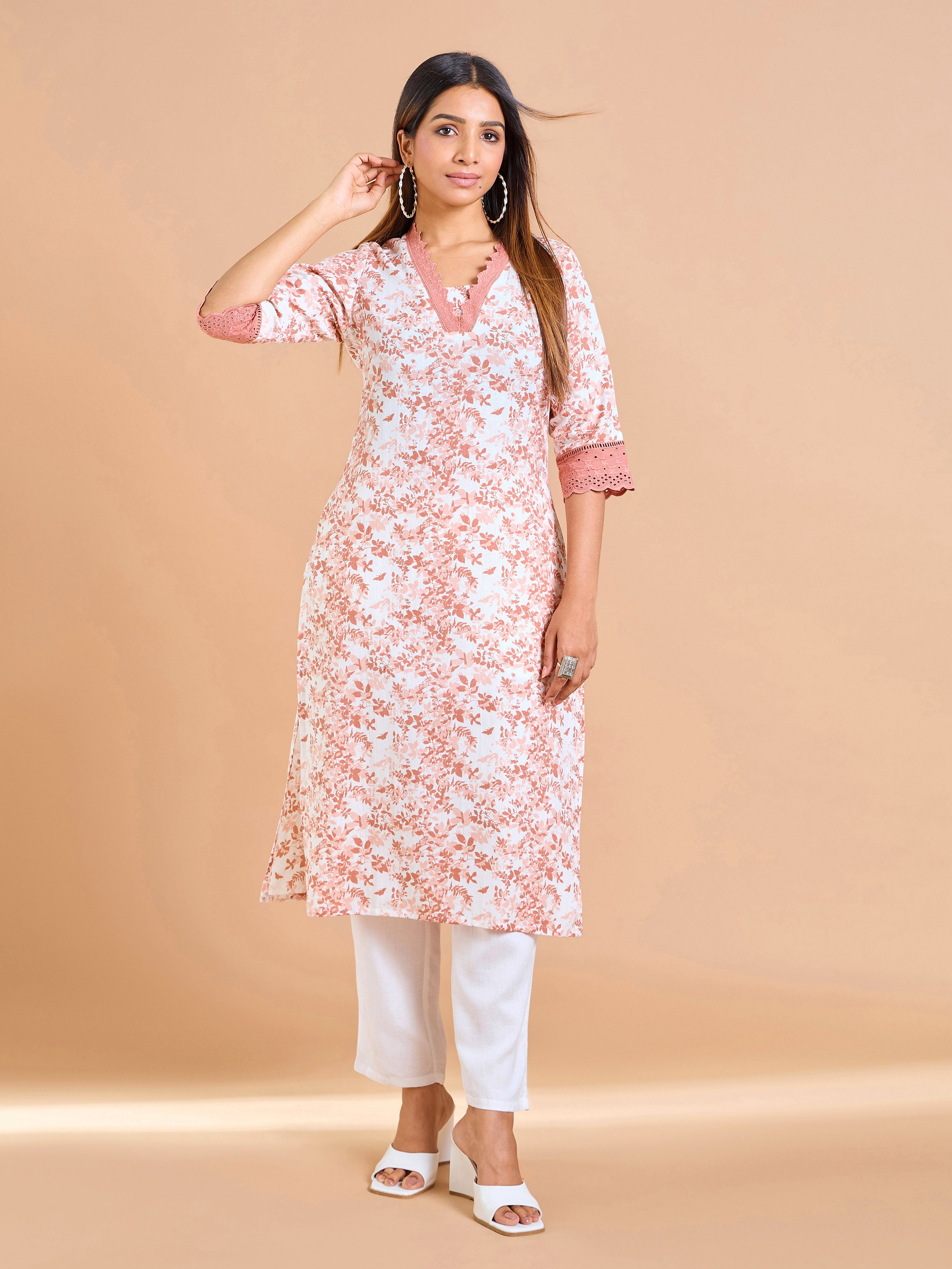 Peach Cotton Flax Printed Kurti With Lace