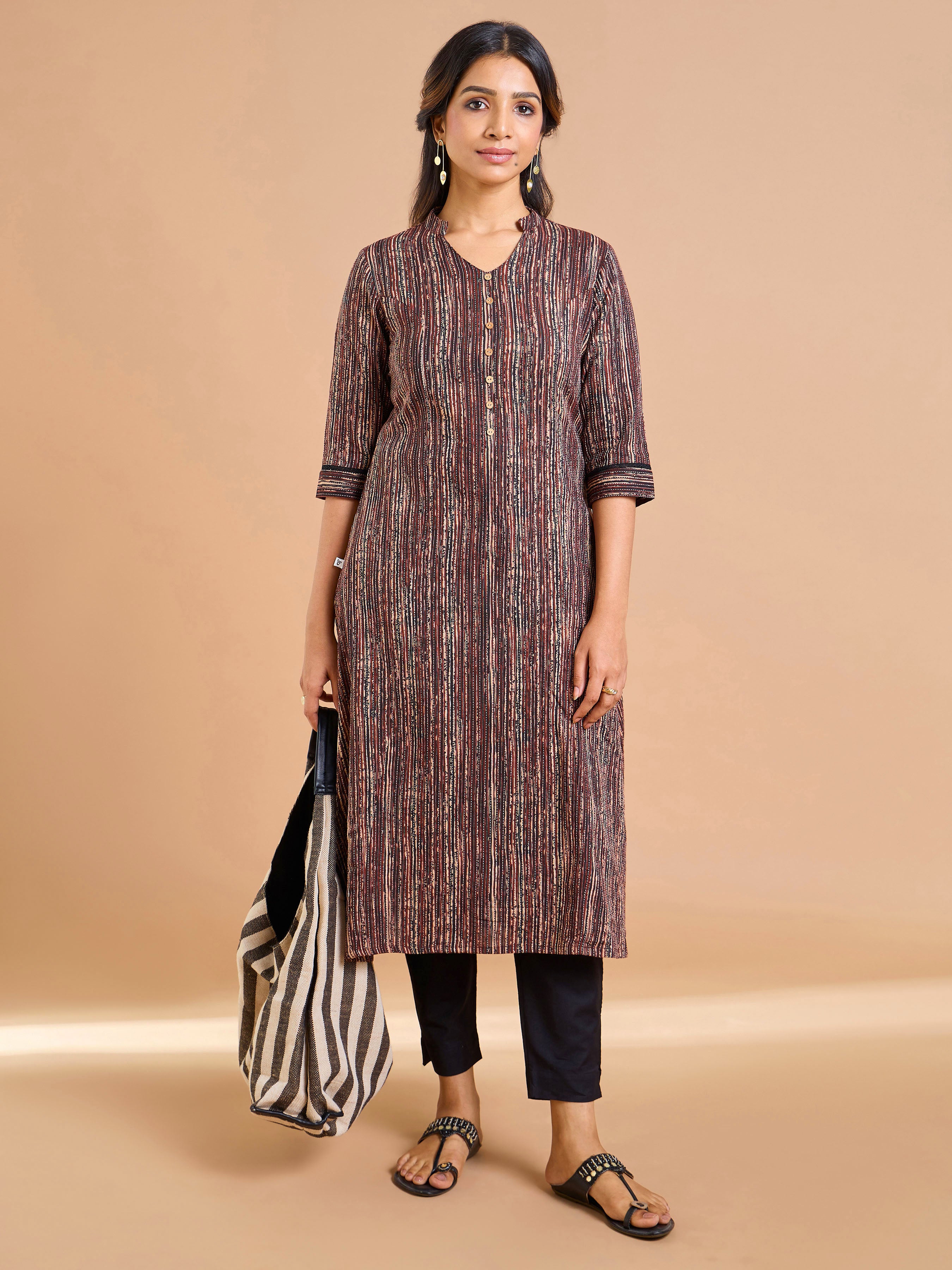 Coffee Brown Pure Cotton Katha Printed Kurti With Princess Cut