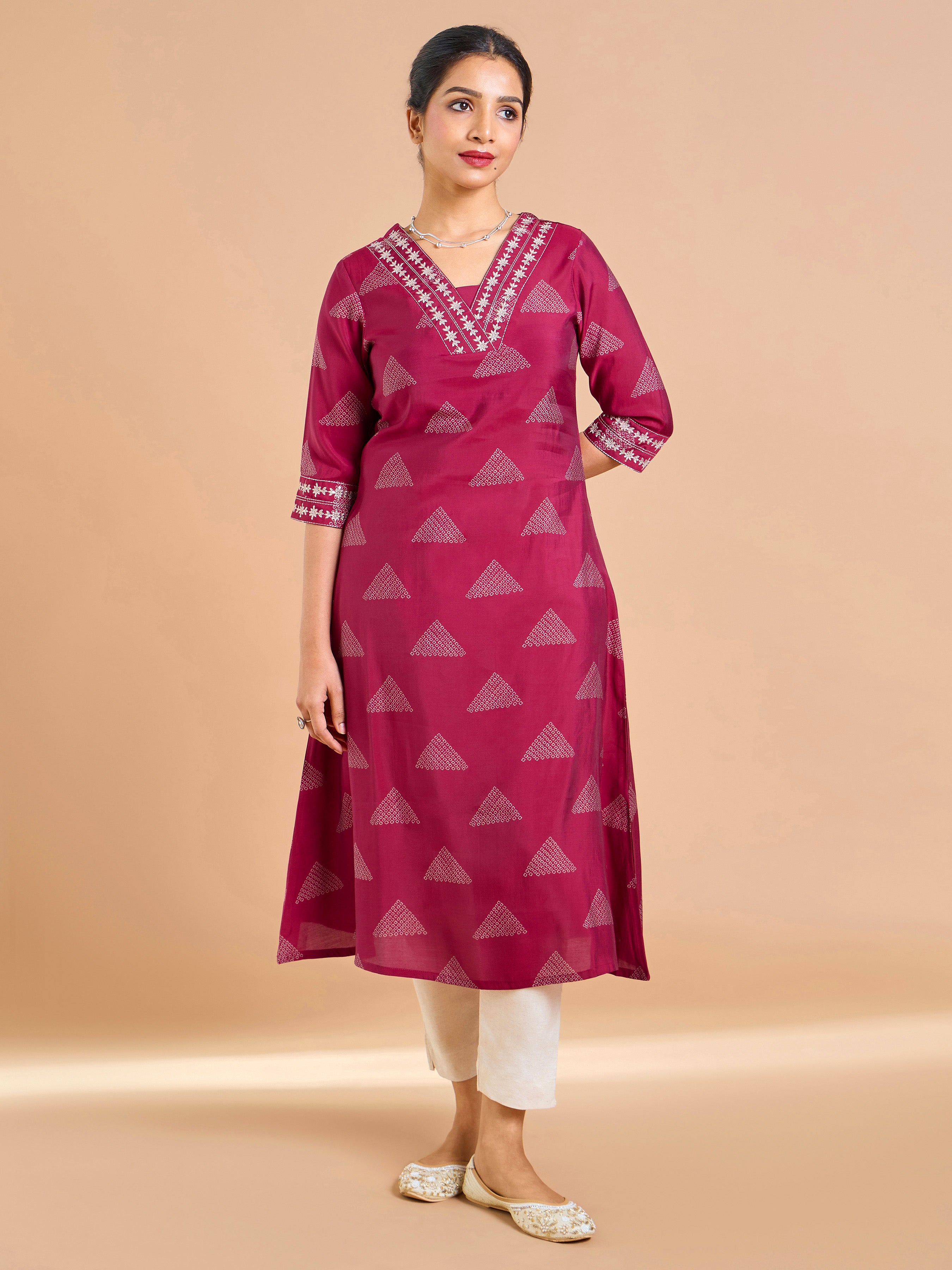 Magenta Modal Chanderi Printed Kurti With Sequins Work