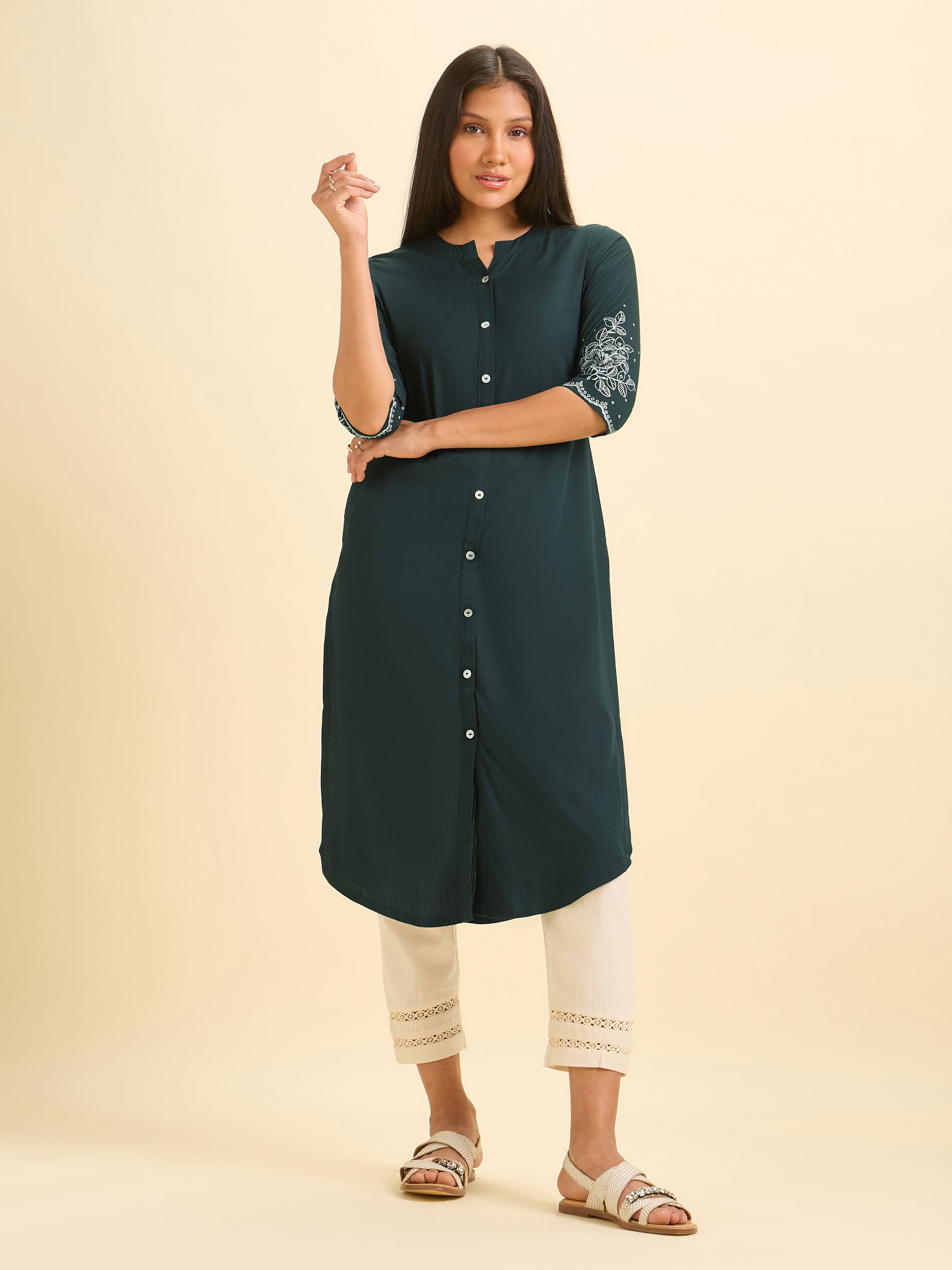 Teal viscose slub kurti with embroidery