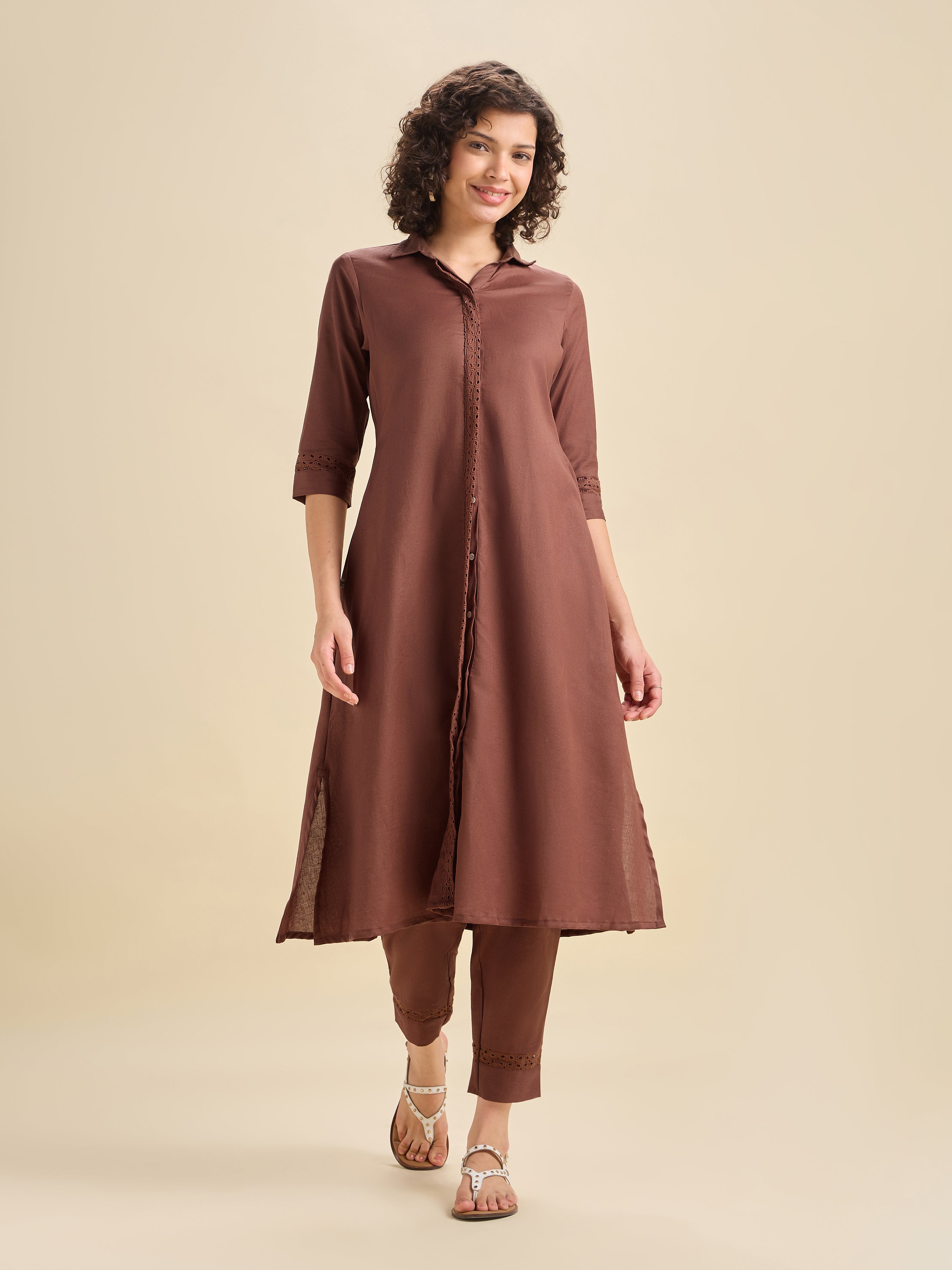 Brick Red Cotton Flax Flared Kurti Set