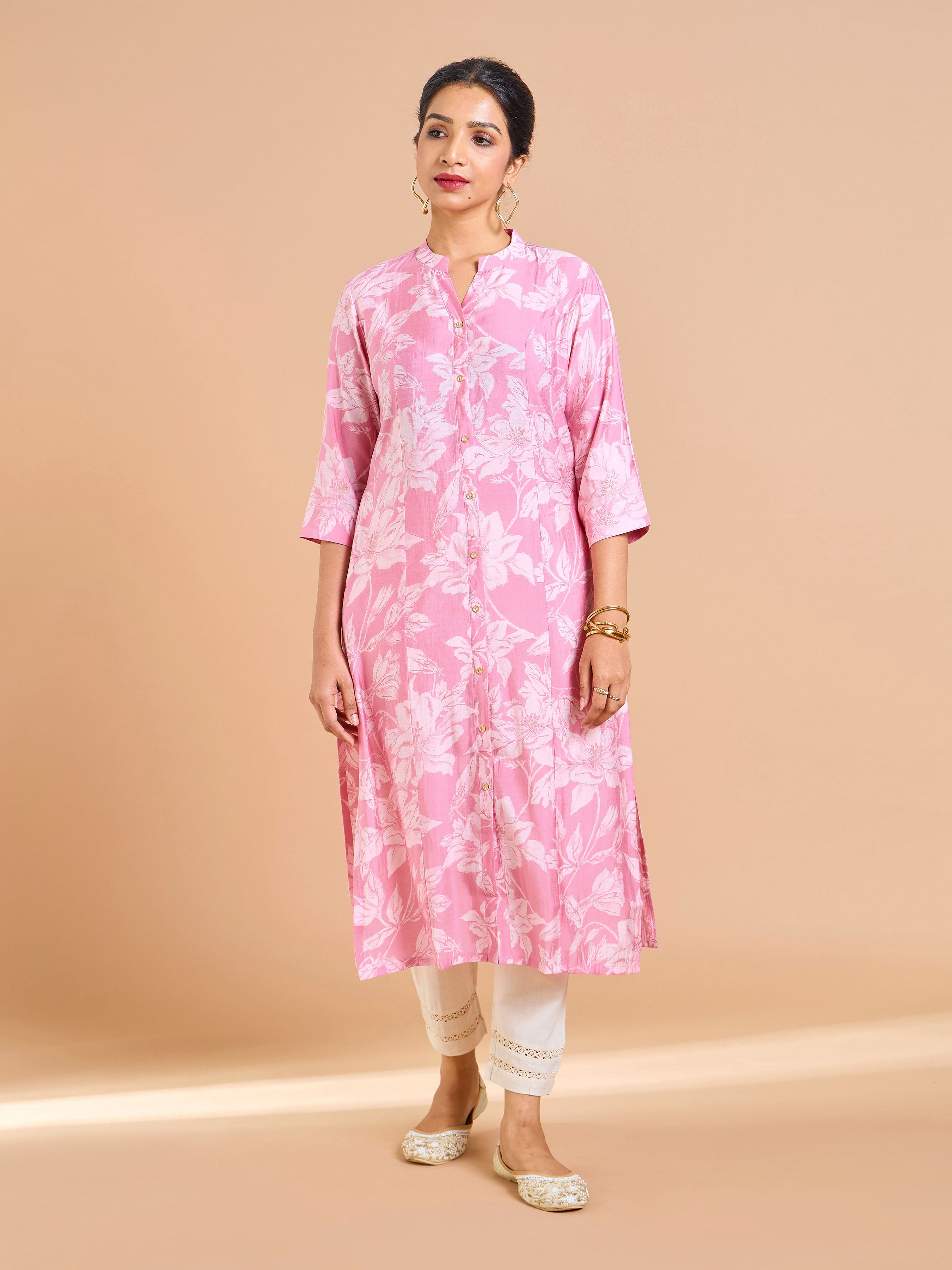 Pink Modal Chanderi Foil Printed Kurti With Princess Cut