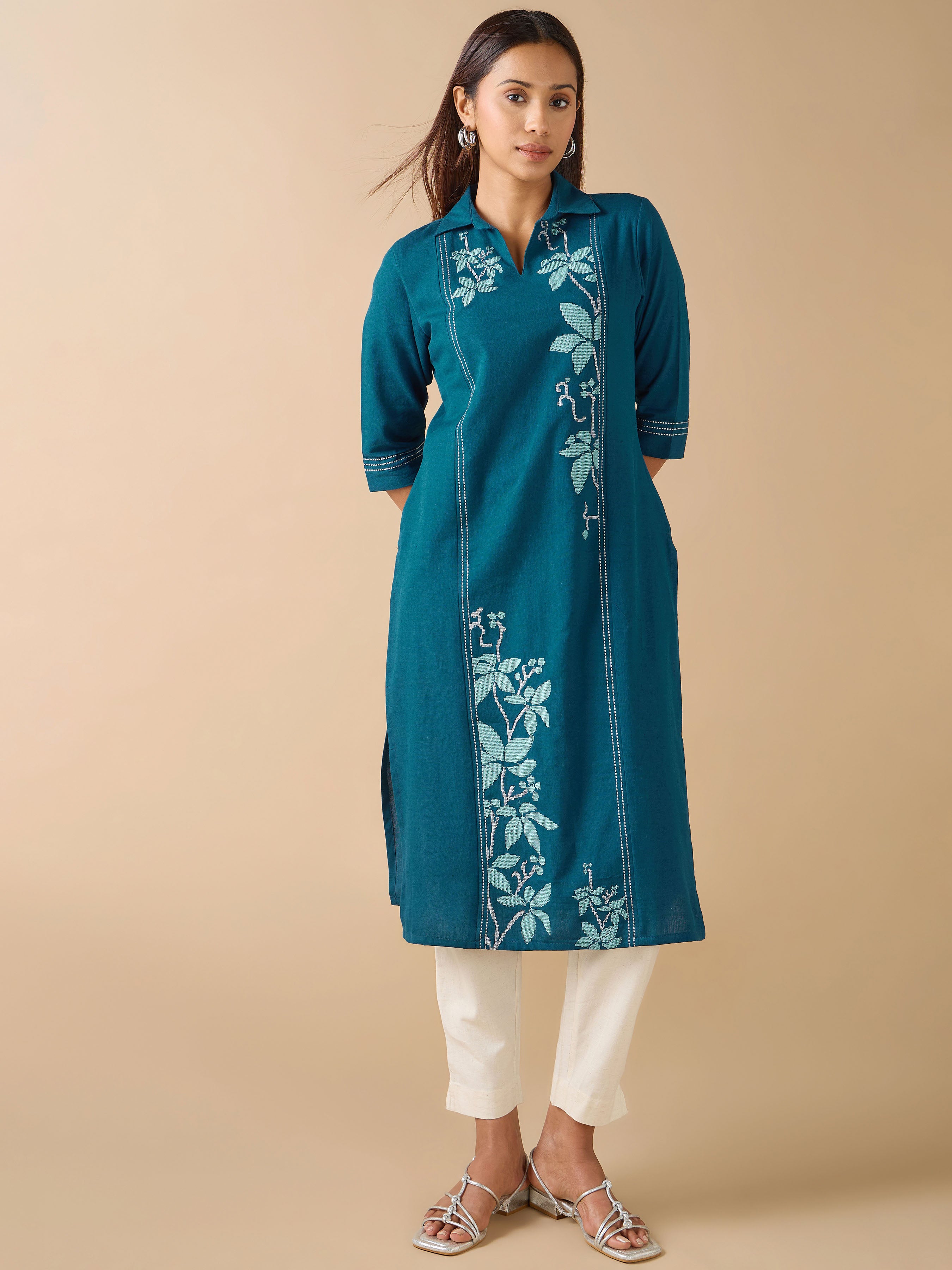 Denim Blue Cotton Flax Kurti With Cross Stitch Embroidery