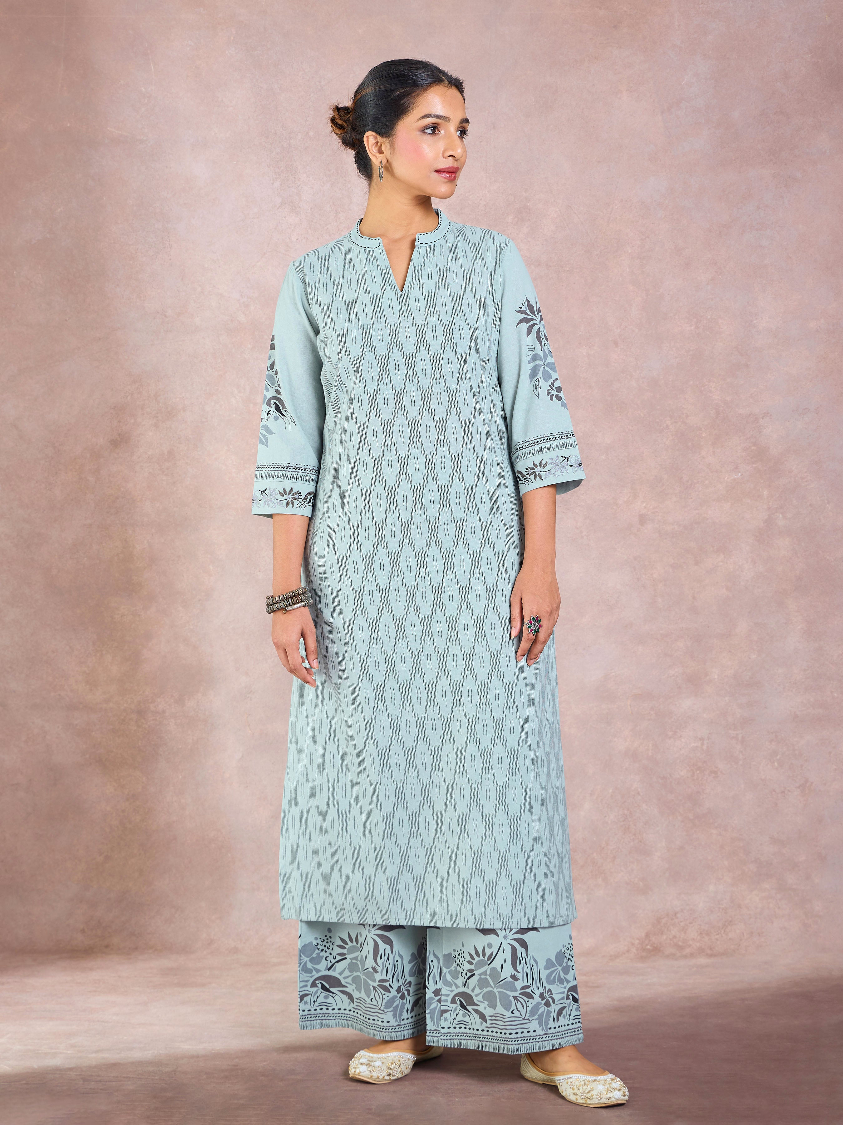 Sage Green Cotton Flax Printed Kurti With Embroidery