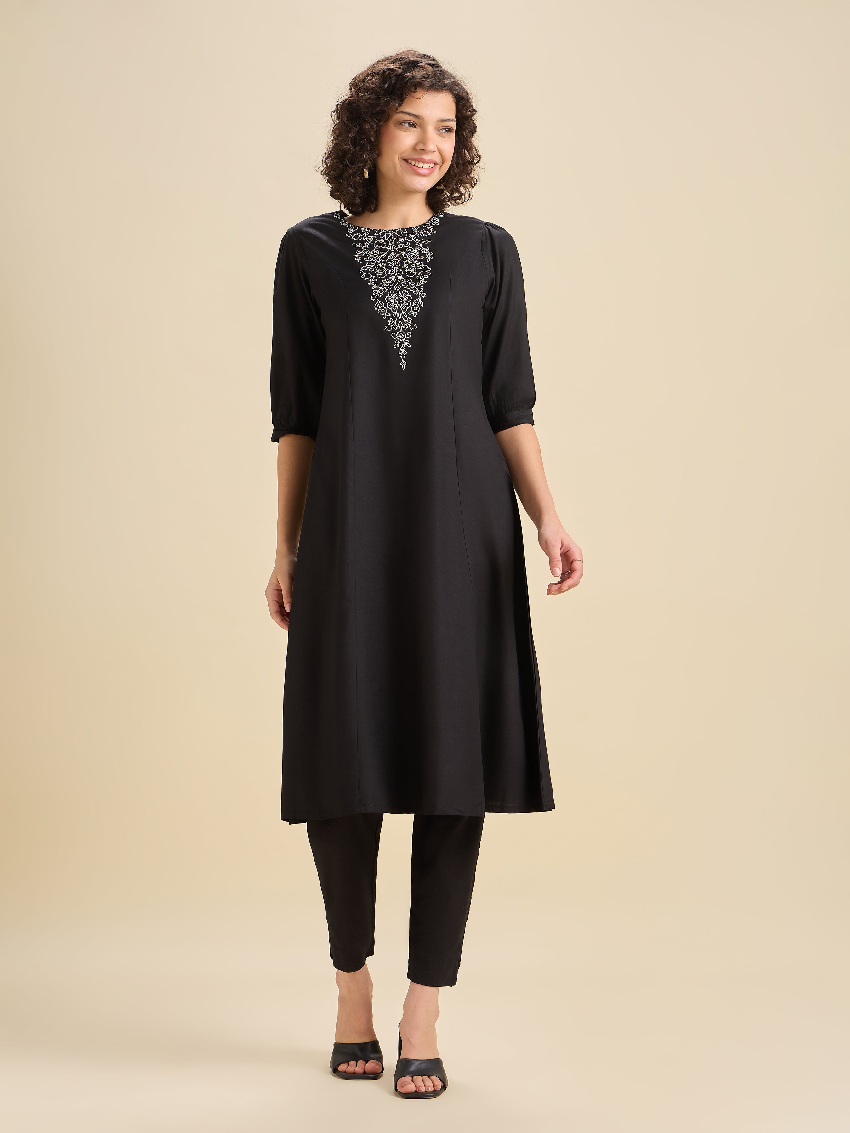 Black Viscose Plain Flared Center Panel Kurti With Embroidery