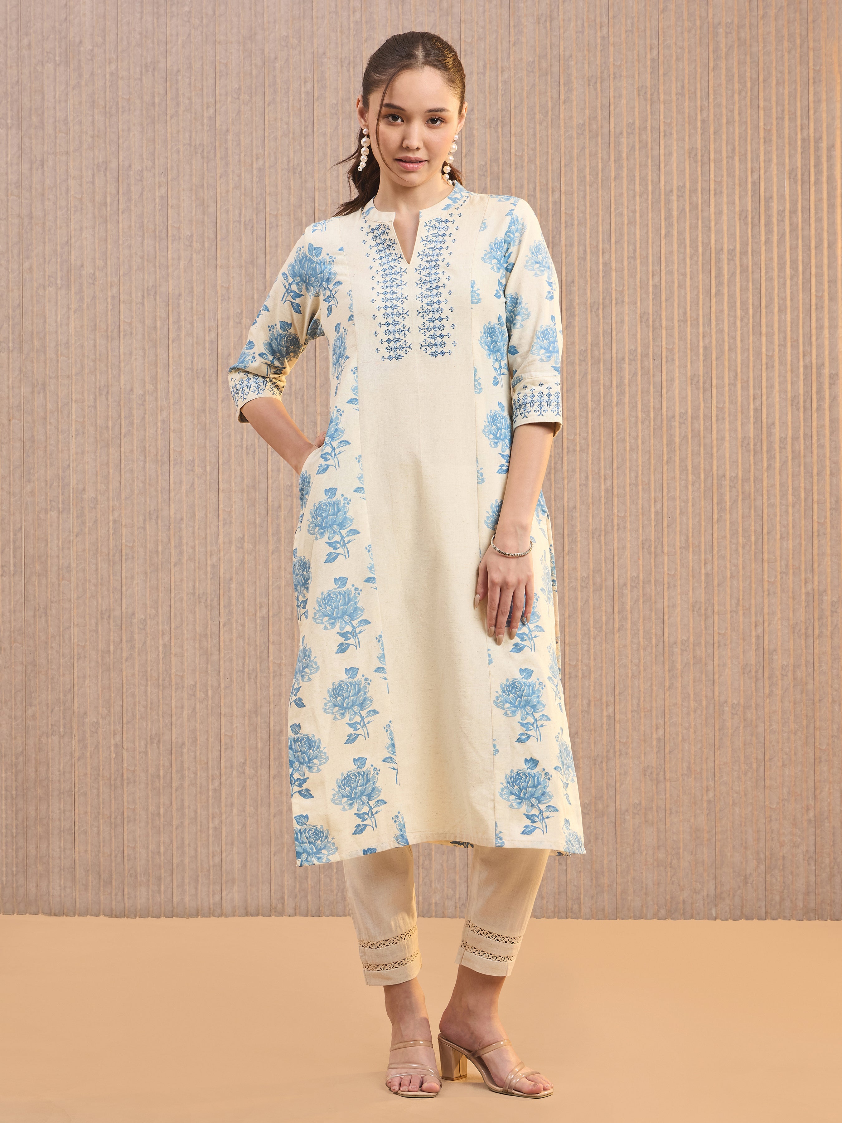 Ivory And Blue Cotton Flax Printed Kurti With Embroidery