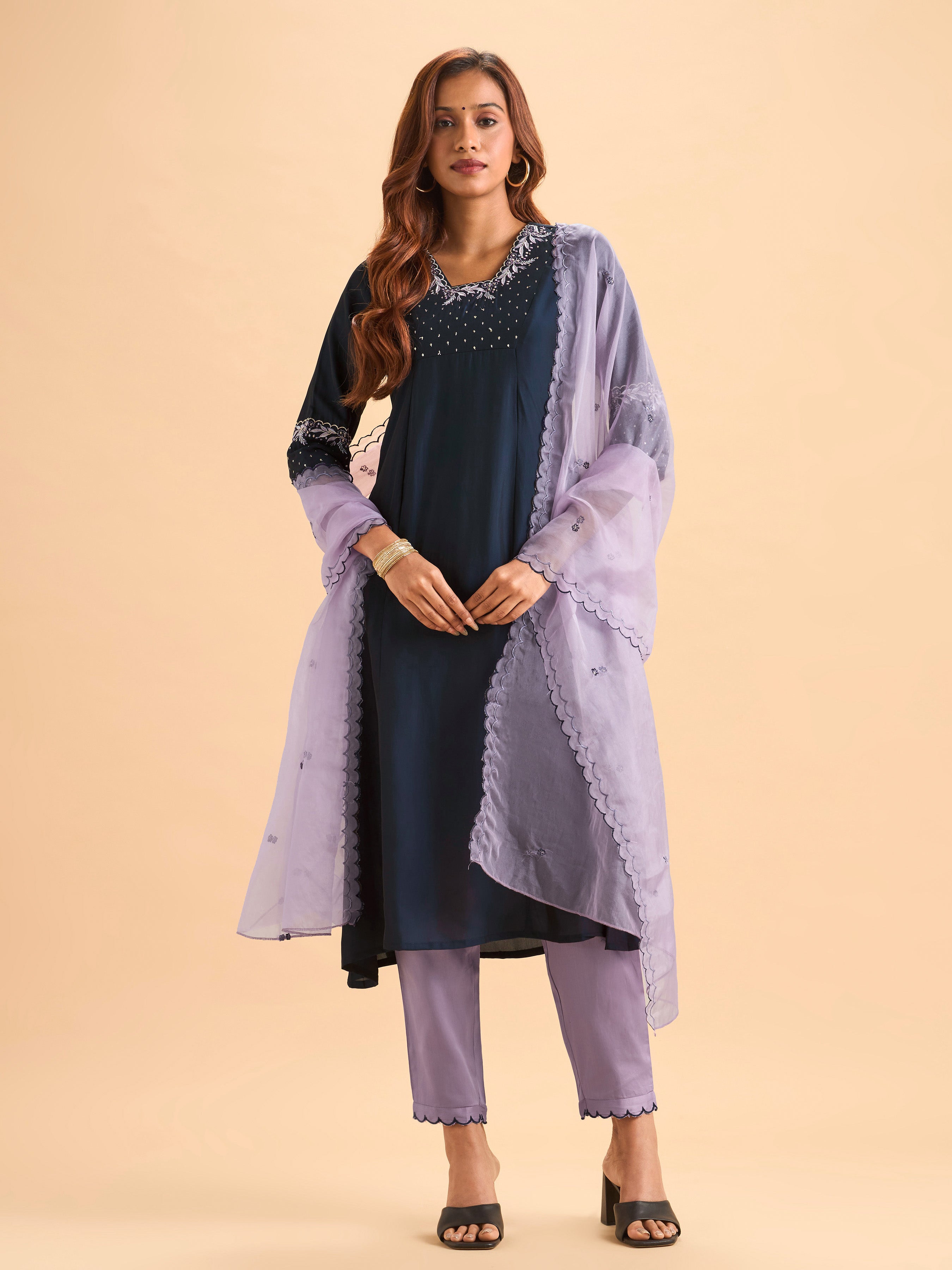 Navy Blue Viscose Blend Kurti Set With Dupatta & Sequins Embroidery