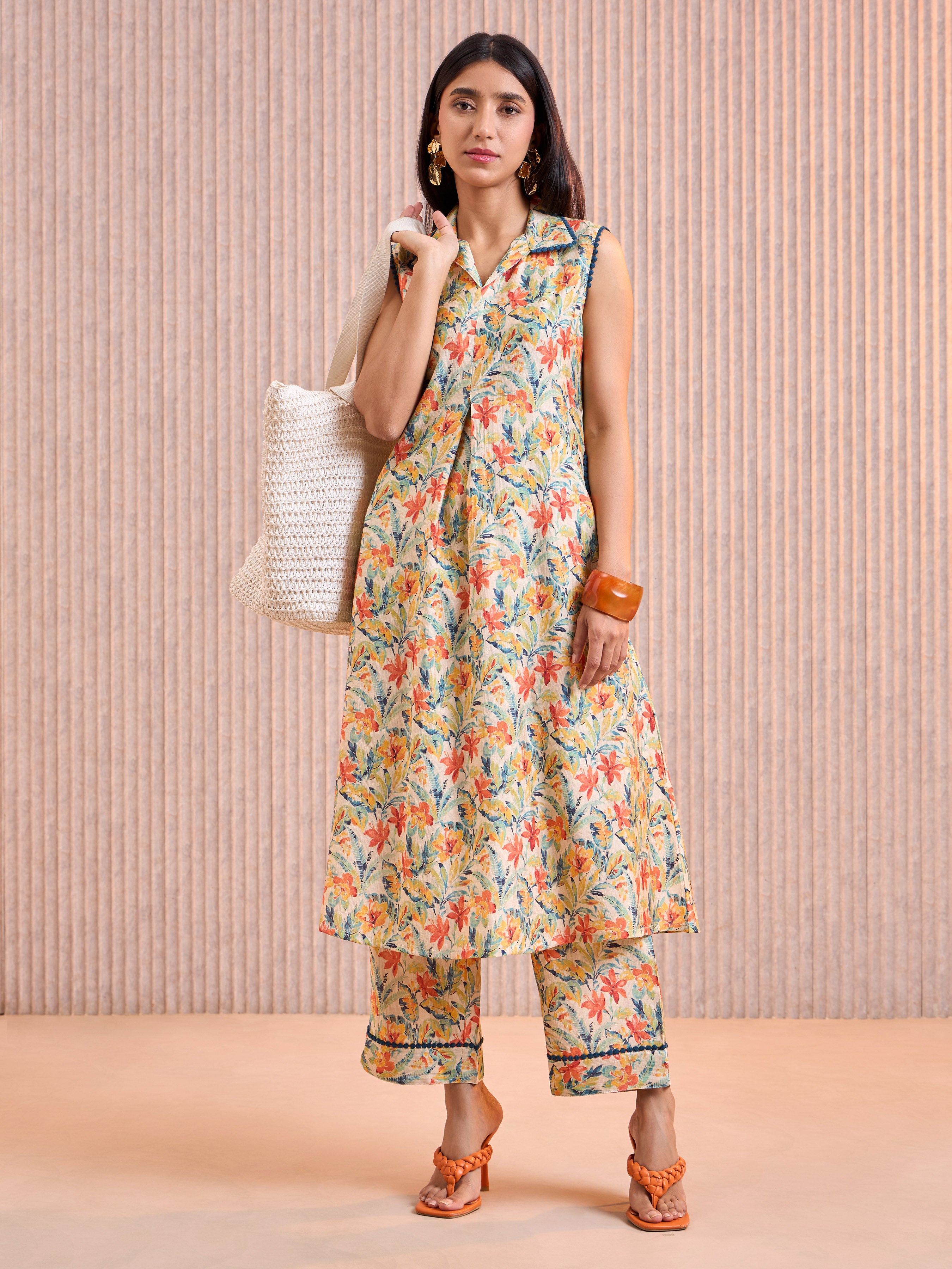 Multi Colour Viscose Printed Flared Kurti Set With Lace