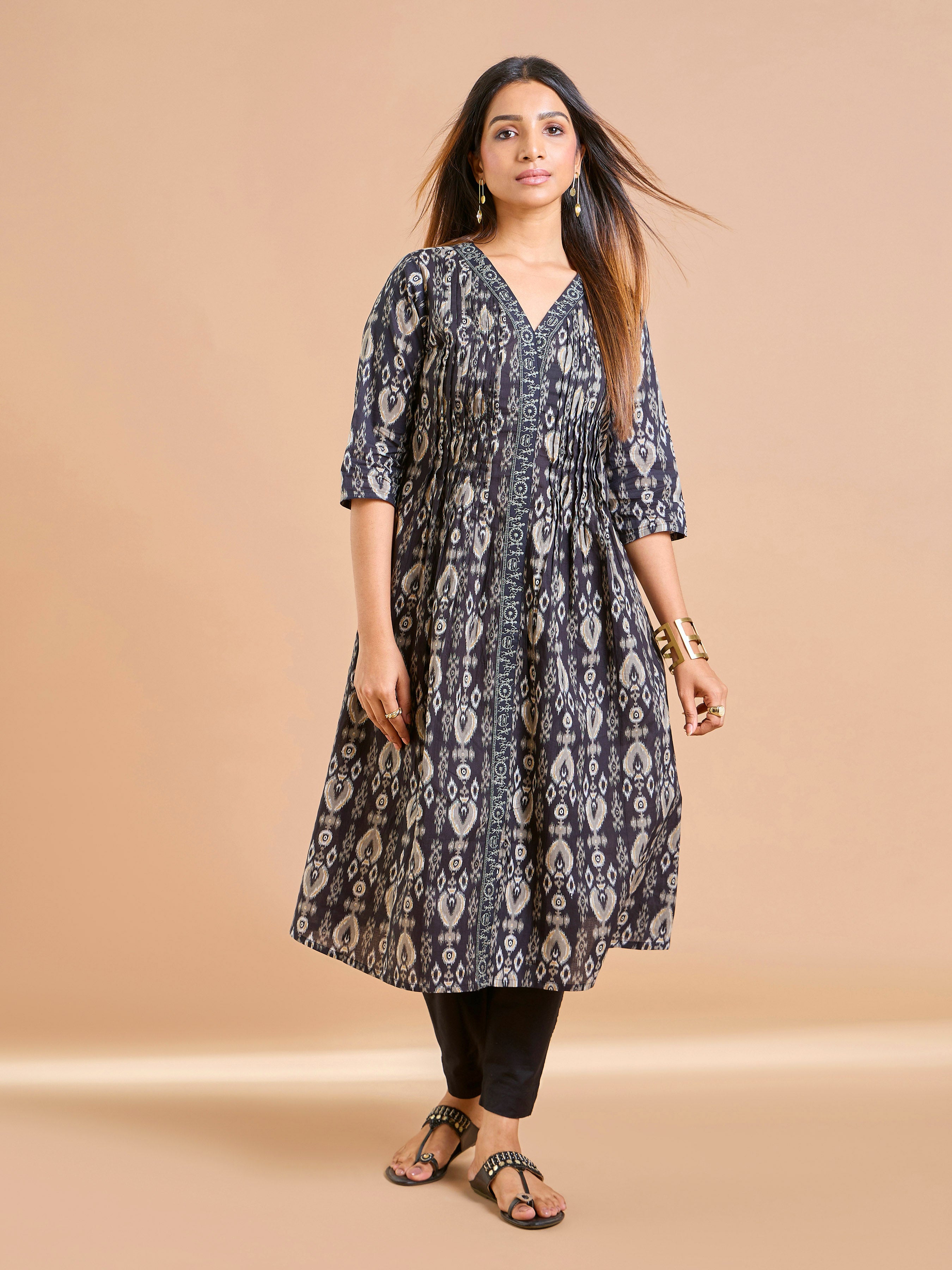 Black And White Pure Cotton Printed Kurti With Embroidery