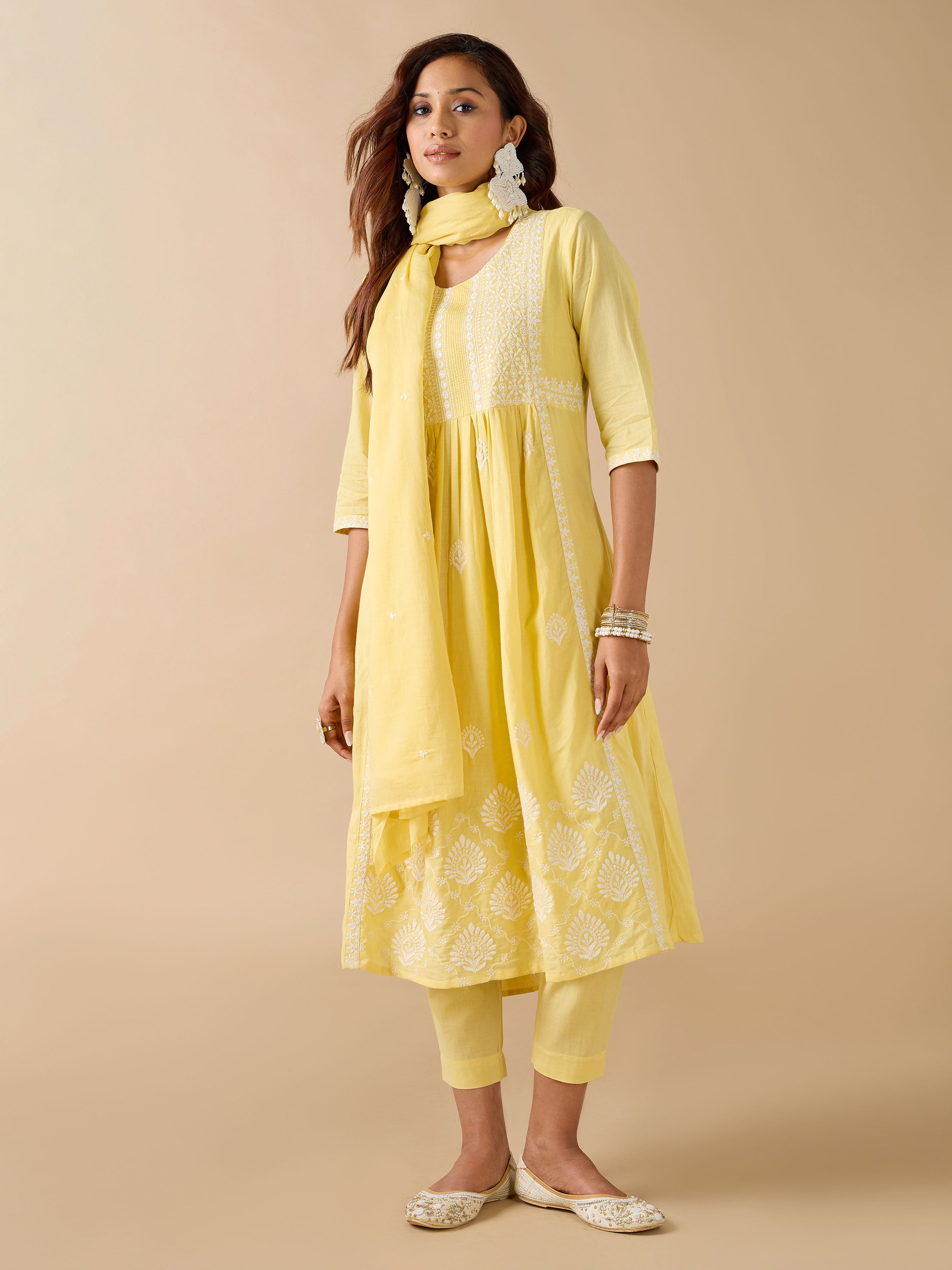 Yellow Pure Cotton Kurti Set & Dupatta With Embroidery